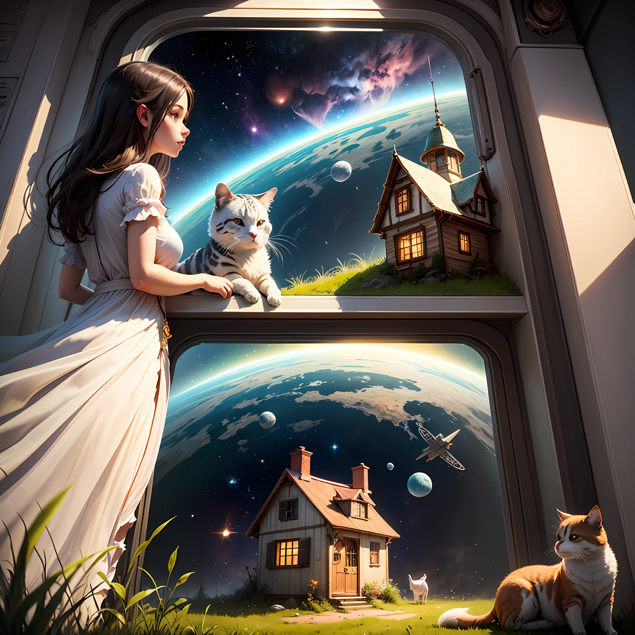 A hause in space ship ,there some grass ,some pet animals ;a beautiful couple --auto