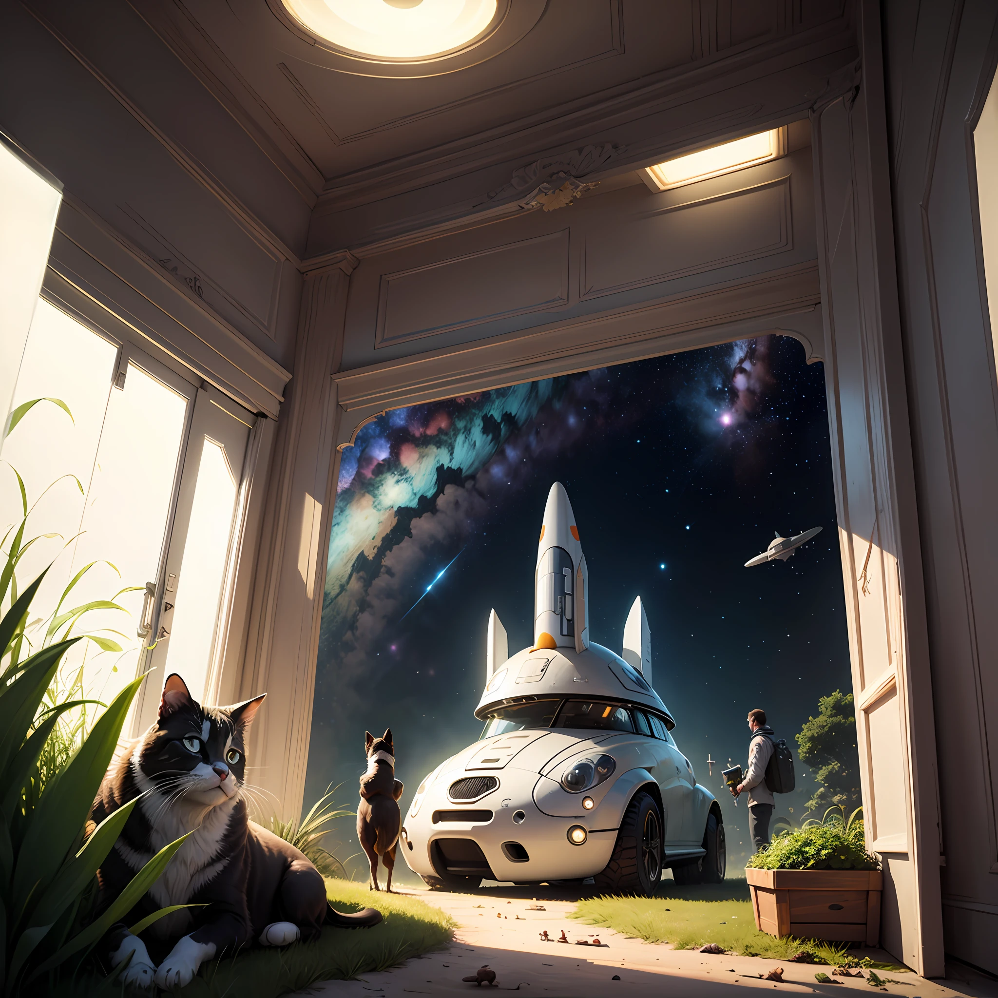 A hause in space ship ,there some grass ,some pet animals ;a beautiful couple --auto
