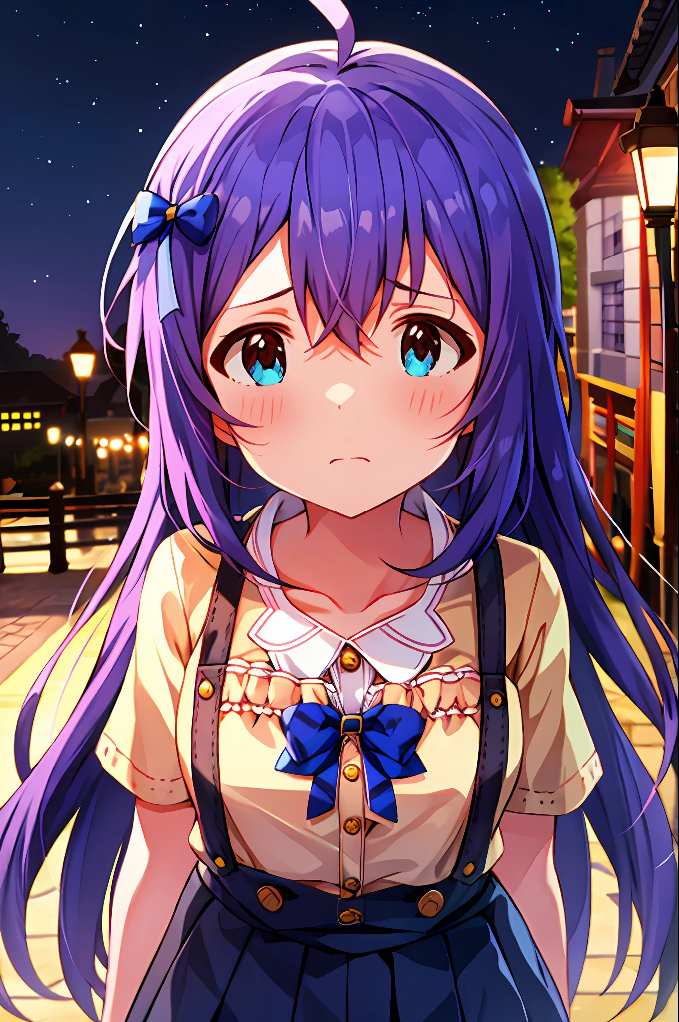 Anna Mochizuki (Million Live), (Top Quality, 8K, Masterpiece, Super Detail: 1.2), 1 Girl, Suspender Clothes.Skirt.Blushing, Clavicle, Bow, Ribbon, Blue Bow.Night.Night View.Outdoors.Chesty.Despair Face.