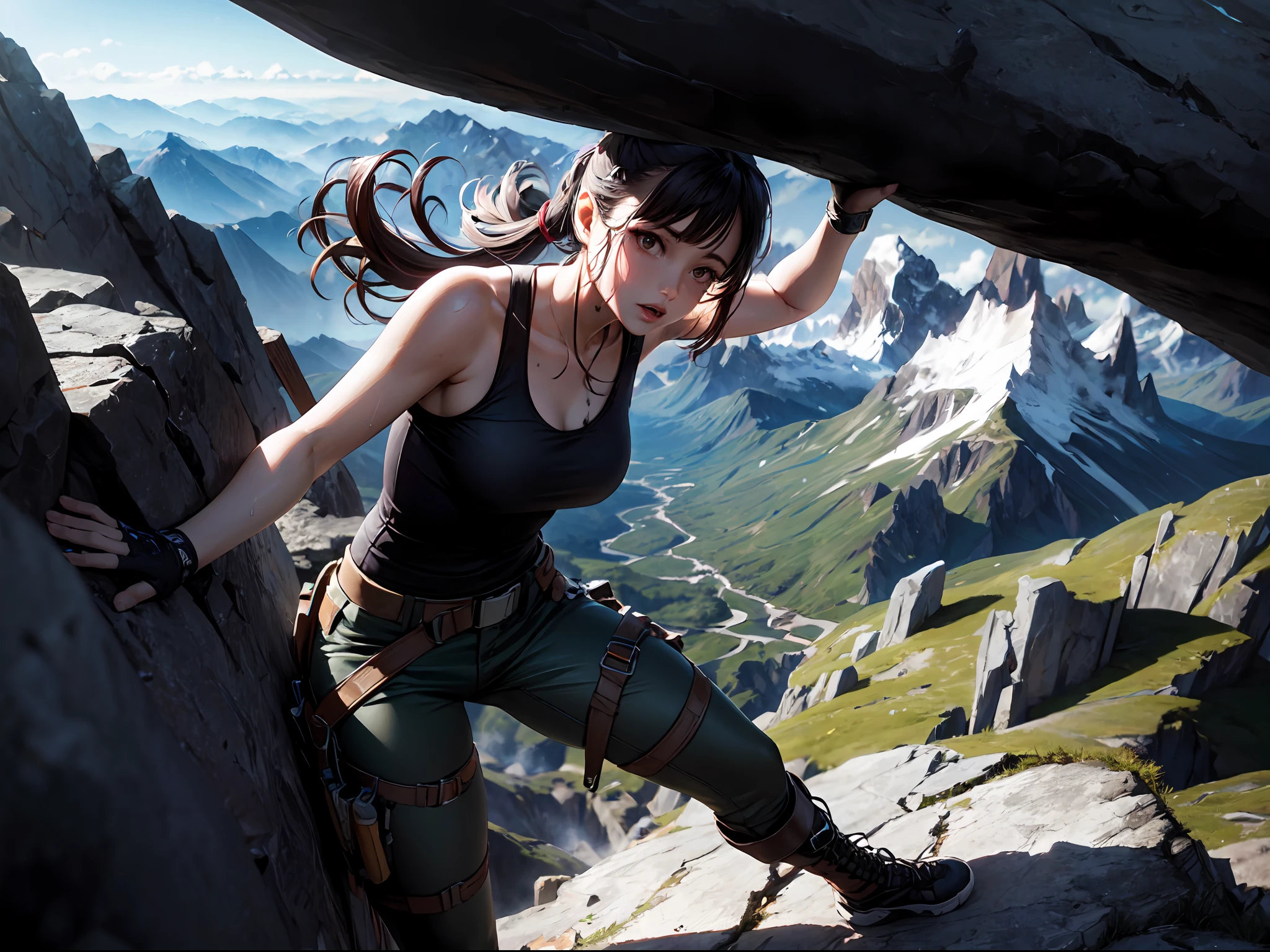 (masterpiece:1.4, intricate details:1.2), cinematic lighting, realistic, CG 4K wallpaper, 1girl, long dark brown ponytail, dark brown eyes, black tank top, fingerless gloves, brown military pants, black boots, shiny dirty skin, sweating, climbing a steep mountain, climbing position, climbing equipment, rope attached to the person and mountain, clinging to the rock high up, dynamic angle from above, good hands, perfect hands