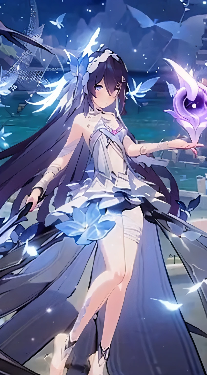 Girly, full body, ultra high-definition, blue and black hair, long hair, leg rings, seaside, beach, looking at the camera, sideways, night, butterflies flying, Lolita skirt, holding a sickle, flower headdress, night, handsome action