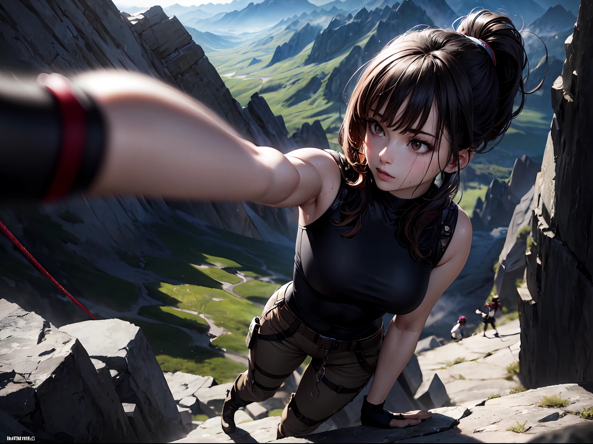(masterpiece:1.4, intricate details:1.2), cinematic lighting, realistic, CG 4K wallpaper, 1girl, long dark brown ponytail, dark brown eyes, black tank top, fingerless gloves, brown military pants, black boots, shiny dirty skin, sweating, climbing a steep mountain, climbing position, climbing equipment, rope attached to the person and mountain, clinging to the rock high up, dynamic angle from above, good hands, perfect hands