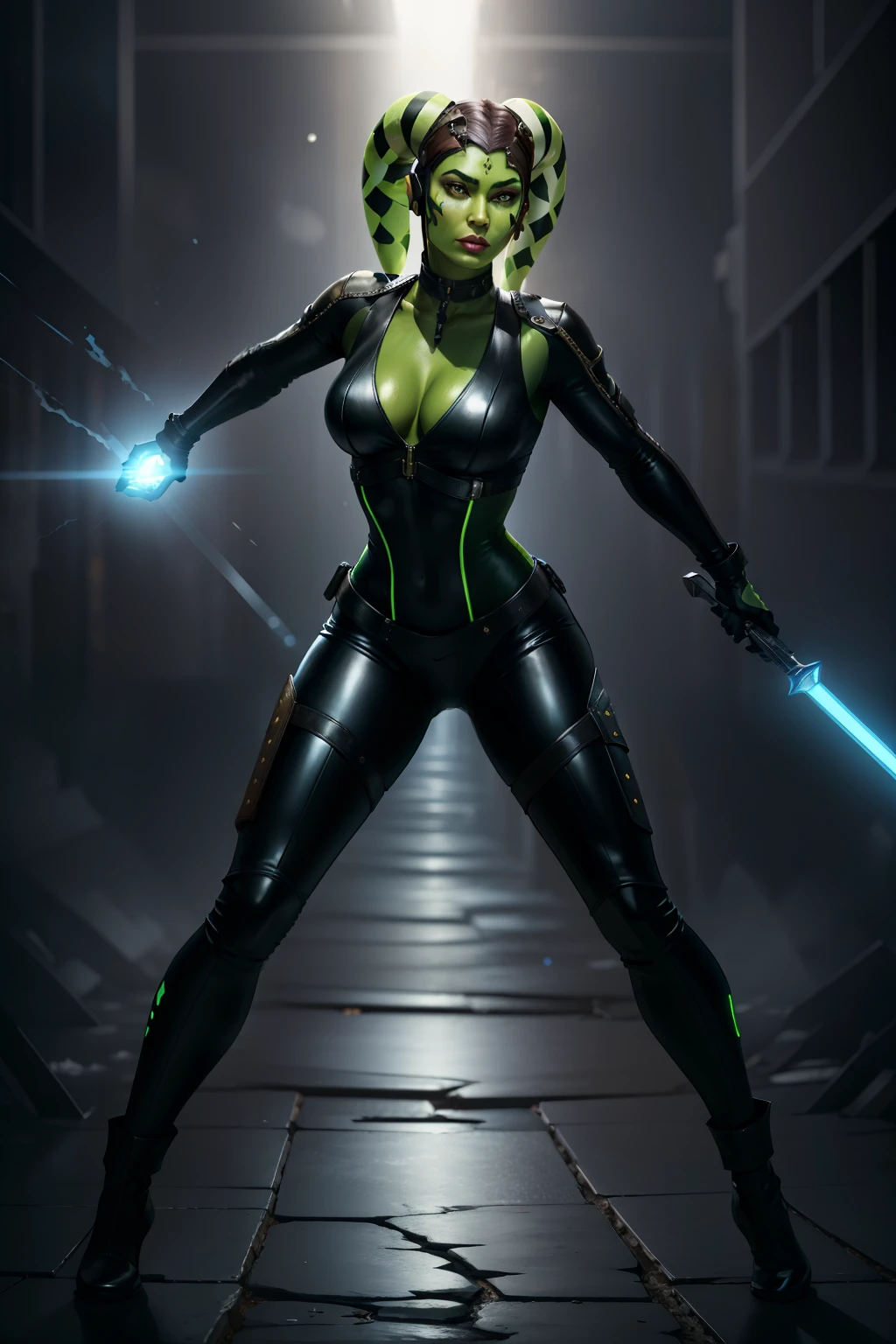 twi'lek, green skin, facial markings, black bodysuit, full body leather suit, secret agent, detailed face and eyes, dynamic pose, best quality, high resolution, 4k, cinematic lighting, wielding 2 vibrodaggers