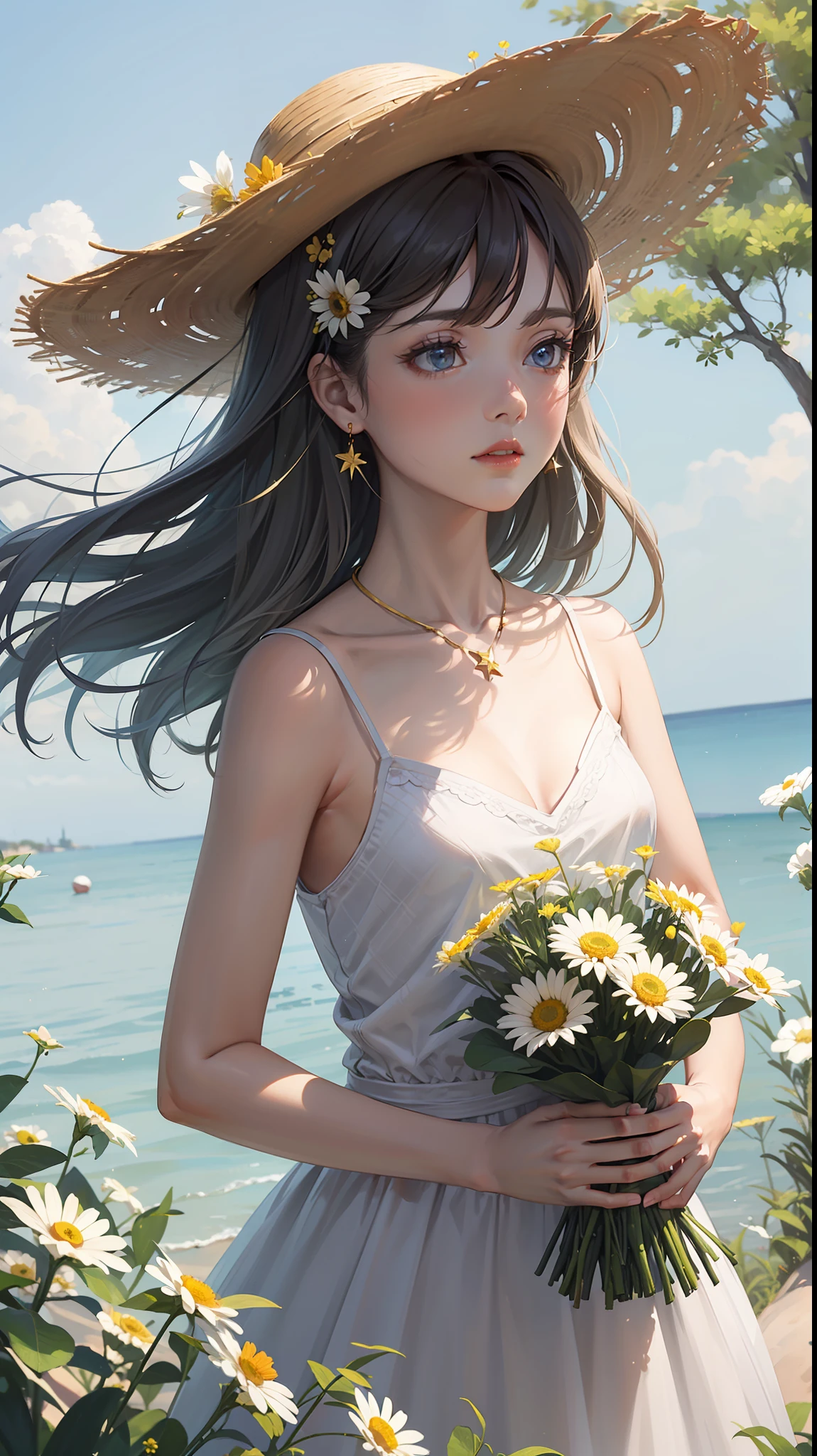 (collarbone:1.331), (camisole:1.21), a woman in a floral dress and straw hat standing on a tree brancha ,woman in a gray dress holding a bouquet of daisies, a stock photo by Oleg Oprisco, pinterest, art photography, made of flowers, soft light, enchanting, intimate but not tight, cuffs decorated with light gold lines, People can't help but think of the stars twinkling in the starry sky, wearing a necklace made of sapphire and gold, inlaid with a small crystal ball, floating in the ball some shining little stars, calling lightning, fireball,