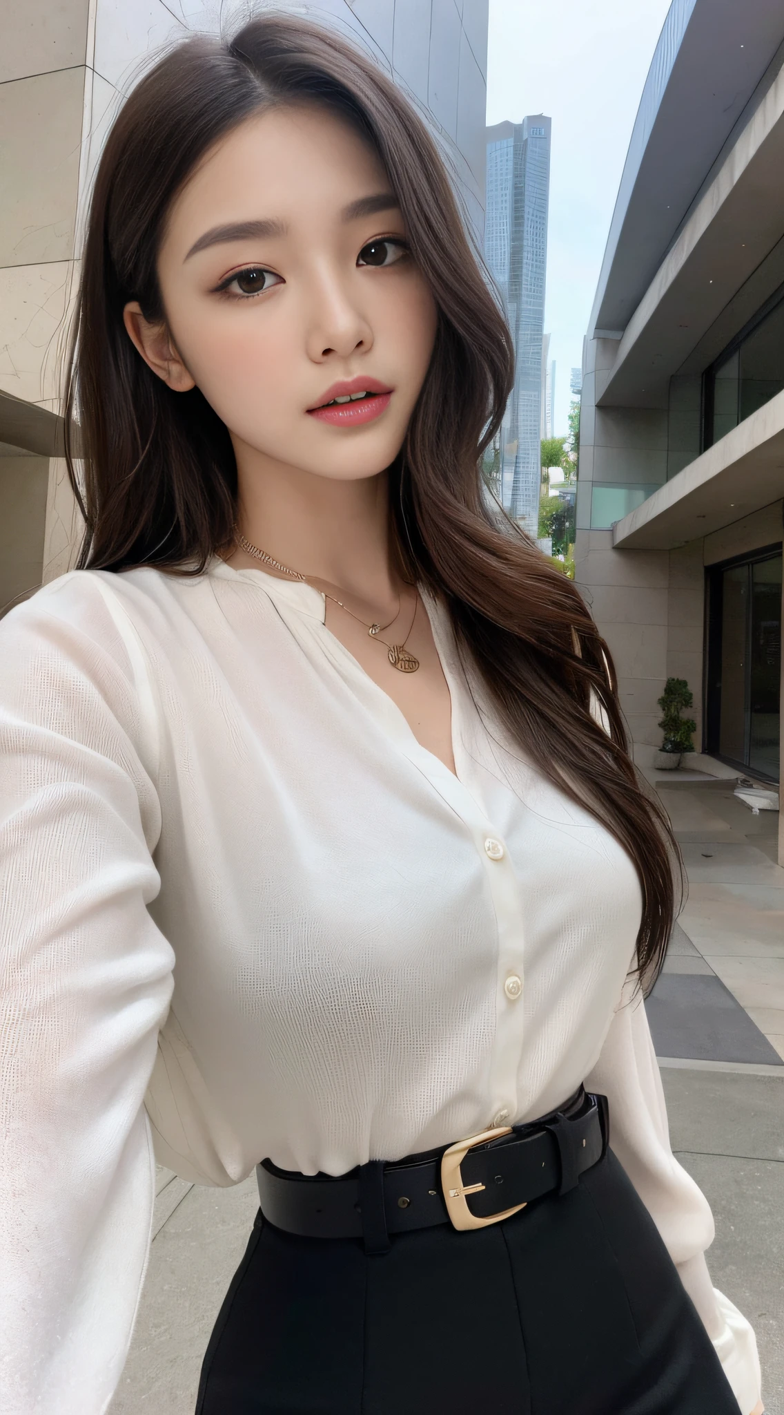 (Best quality, High resolution, Masterpiece :1.3), A tall and pretty woman, Slender abs, Dark brown hair styled in loose waves, Breasts, Wearing pendant, White button up shirt, Belt, Black skirt, (Modern architecture in background), Details exquisitely rendered in the face and skin texture, Detailed eyes, Double eyelid