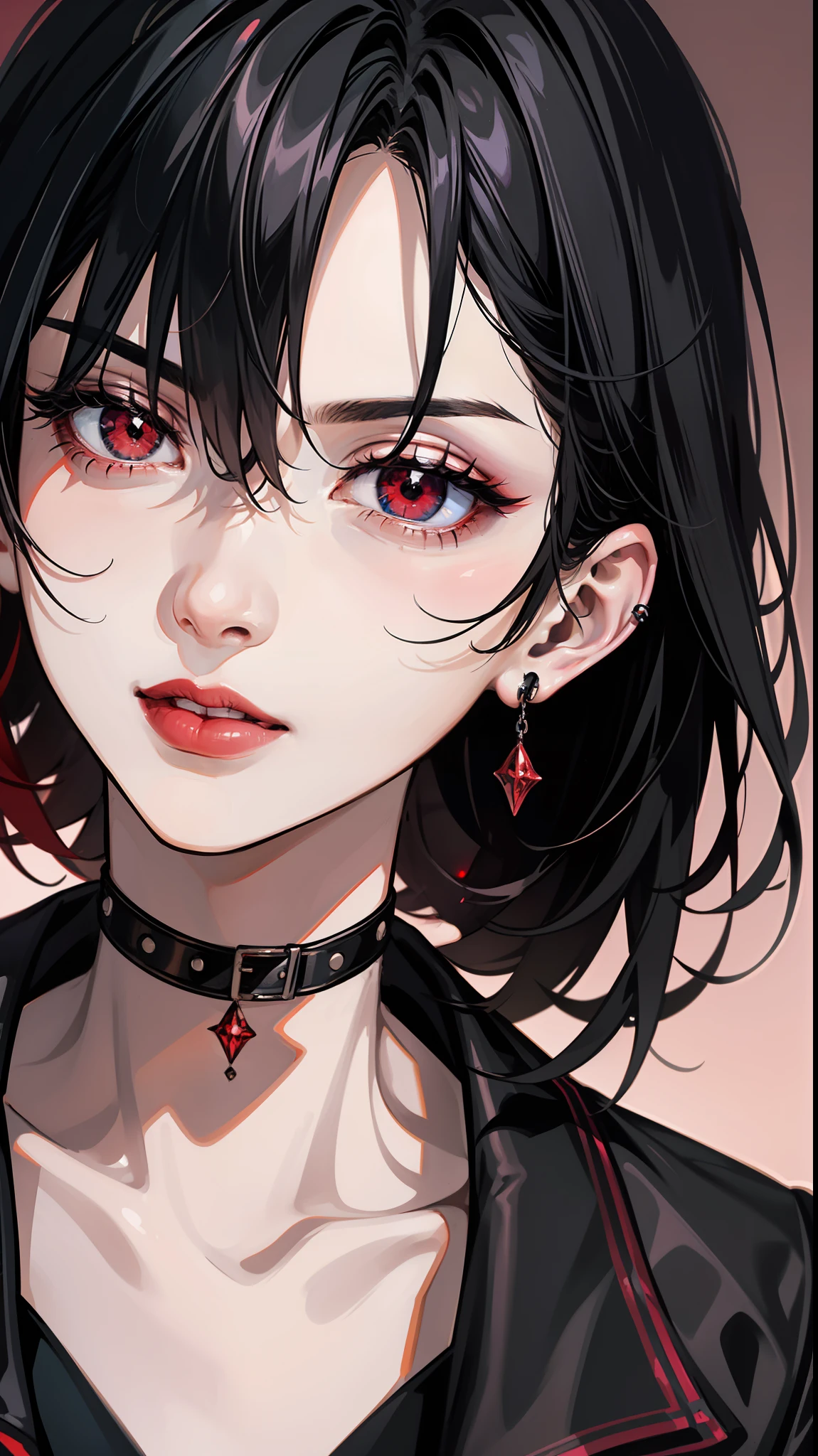 Small wings,Gothic Lolita,loli,cute,Black hair,Red eyes,Eyes glow,Gothic style,collar,chain,black silk,Goat horn,1girl,solo,Black stockings,pointed teeth,Red Rose,(Evil smile:0.8),proud,Complex pattern,tattoo,black sclera,colored sclera,colored skin,demon wings,demon horns,slit pupils,Medium breasts,(Cleavage:0.3),strap between breasts,unaligned breasts,female,beltbra,layered dress,(pointing to mouth:1.3),(Open your mouth:1.2),Eyes looking down,From above,Dynamic lens,2 hands,breastplate,