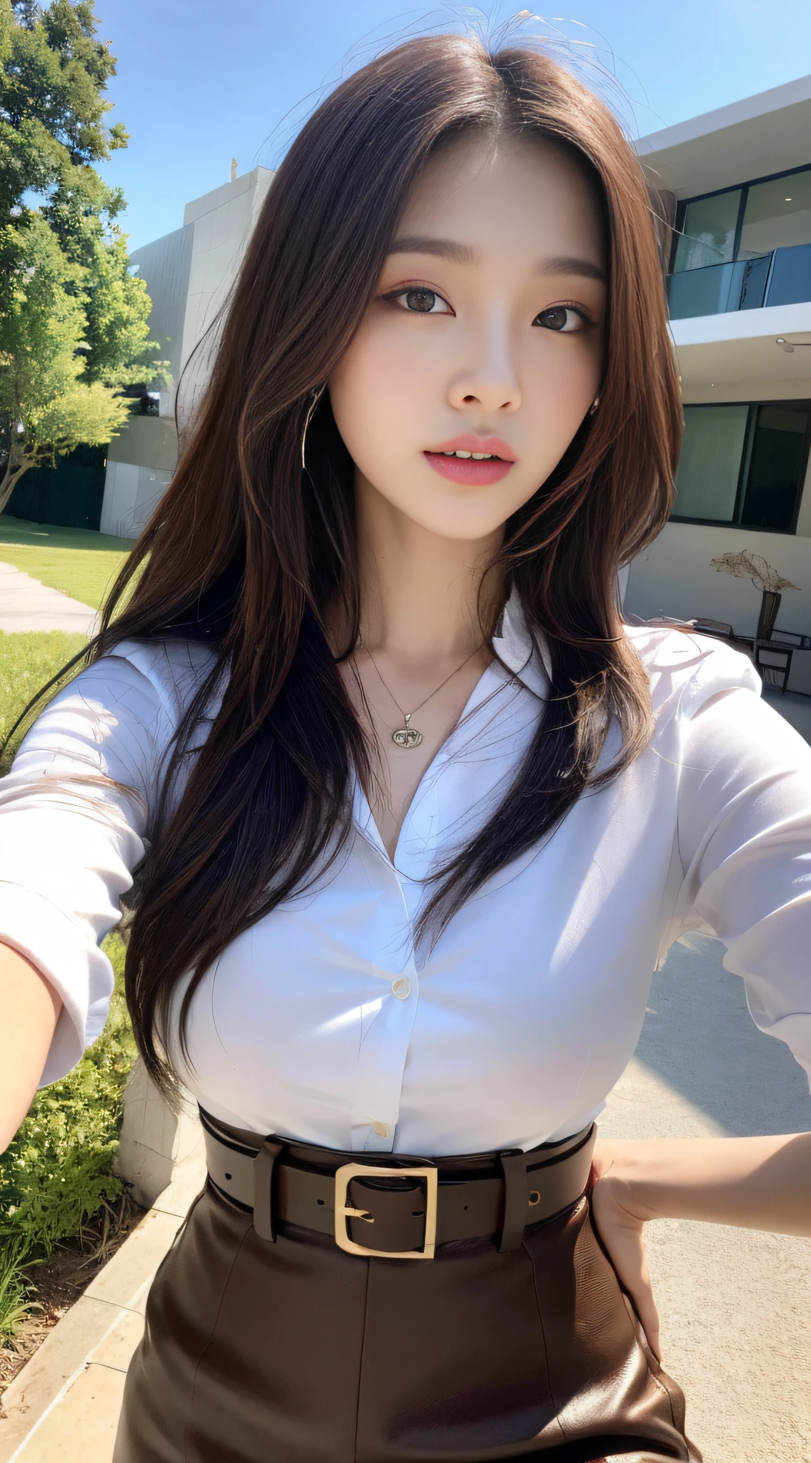 (Best quality, High resolution, Masterpiece :1.3), A tall and pretty woman, Slender abs, Dark brown hair styled in loose waves, Breasts, Wearing pendant, White button up shirt, Belt, Black skirt, (Modern architecture in background), Details exquisitely rendered in the face and skin texture, Detailed eyes, Double eyelid