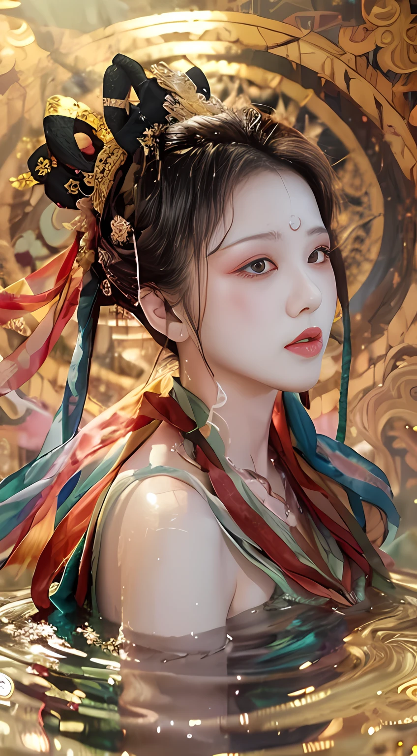 Beauty blogger's recommended app homepage, asking for women's side faces, display of cosmetic products, from left, beautiful romantic skin impeccable, 8k portrait of beautiful young woman semi-submerged in fog-shrouded lake, intricate, elegant, highly detailed, majestic, digital photography, surrealism wet lacquer gold ribbon with filigree, broken glass, rembrandt lamp, 8k HD, clear outer contour, background blur, shutter 300, FM5