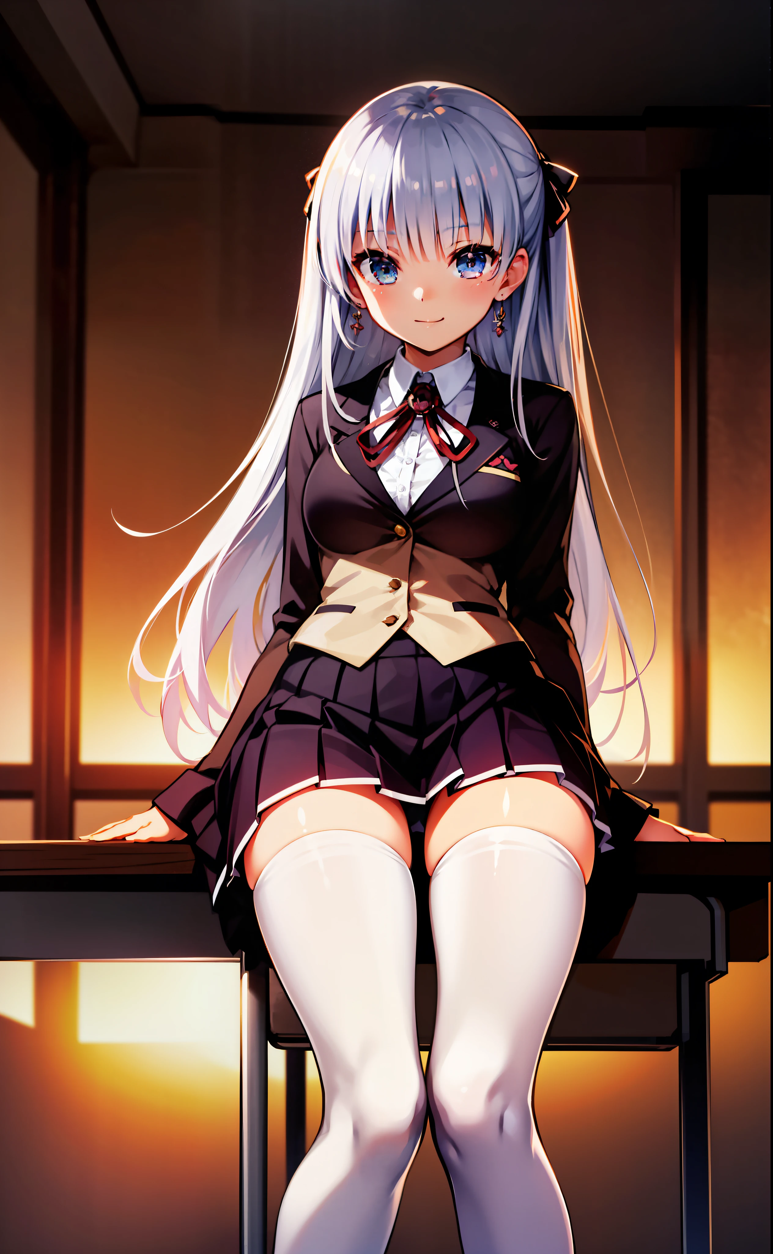 extremely detailed face,an extremely delicate and beautiful girl,extremely detailed eyes and face,highres,beautiful detailed eyes,Defined ‘real’ light source,Golden hour,1girl,thigh focus,light smile,Low angle,looking at viewer,shy,very long hair,black hair,silver hair,bangs,huge breasts,crossed legs,zettai ryouiki,school uniform,pleated skirt,miniskirt,white pantyhose,thighband pantyhose,ribbon,necklace,earrings,torn thighhighs,lace,bow,hair ribbon,floating sakura,detailed background,flying butterfly,classroom