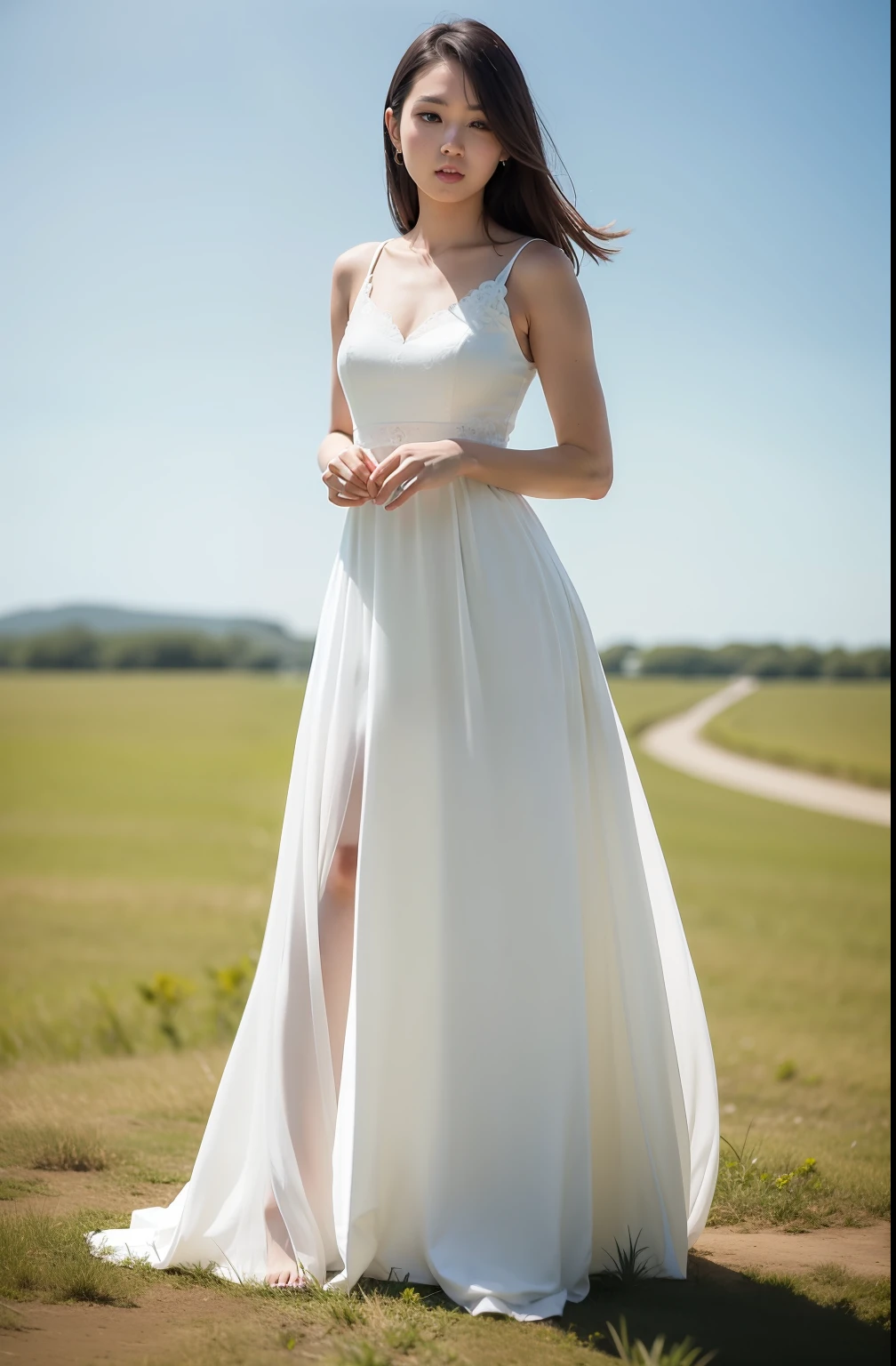 arafed woman in a white dress standing in a field, tall thin beautiful goddess, beautiful long white dress, long dress female, wearing stunning ivory dress, flowing white dress, stunning elegant pose, long white dress, korean women's fashion model, in a long white dress, flowing gown, flowing dress, wearing a white flowing dress, wearing ivory colour dress, long dress