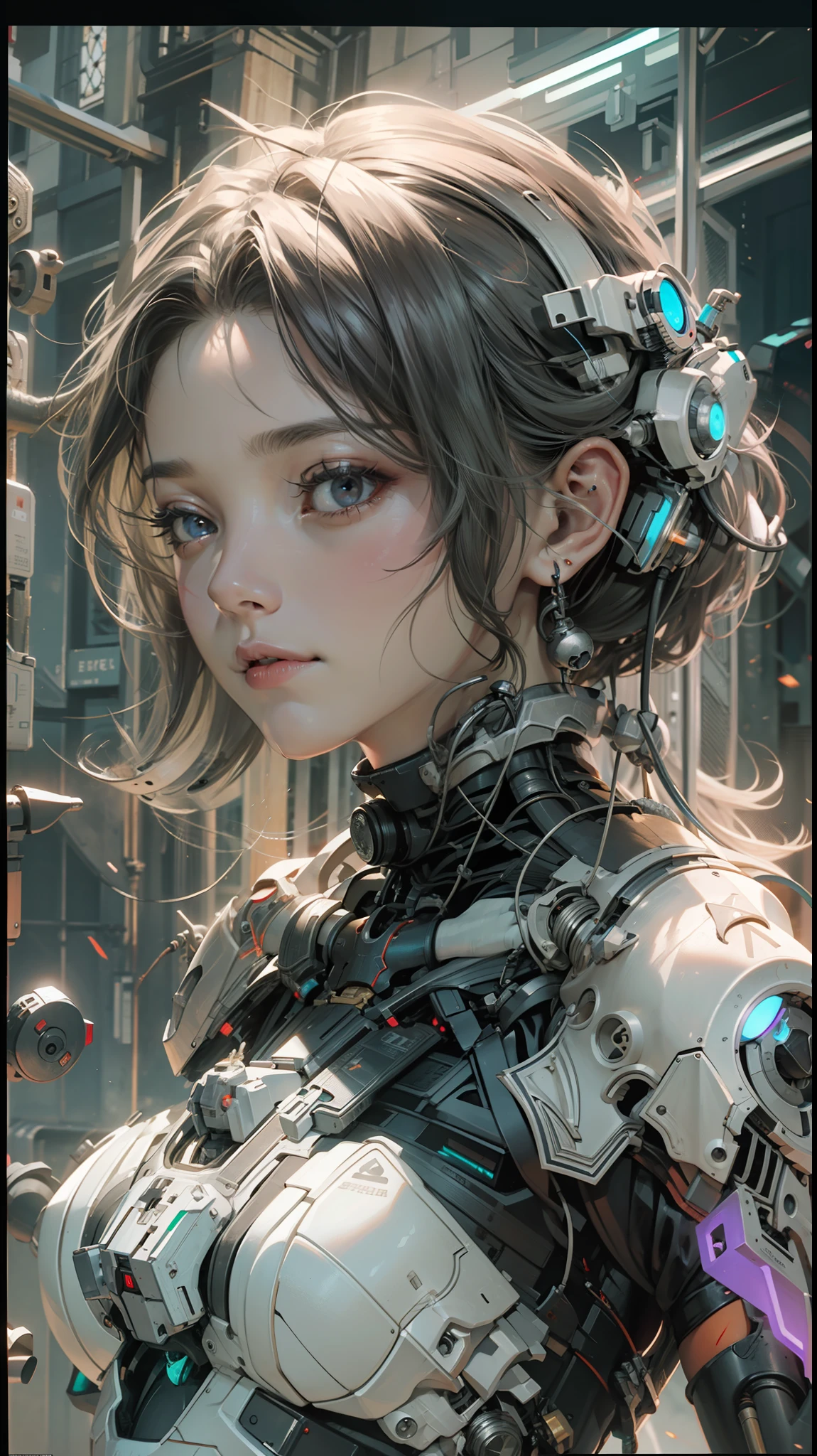 1mechanical girl,((ultra realistic details)),portrait,global illumination,shadows,octane render,8k,ultra sharp,metal,intricate,ornaments detailed,cold colors,egypician detail,highly intricate details,realistic light,trending on cgsociety,glowing eyes,facing camera,neon details,machanical limbs,blood vessels connected to tubes,mechanical vertebra attaching to back,mechanical cervial attaching to neck,sitting,wires and cables connecting to head.,