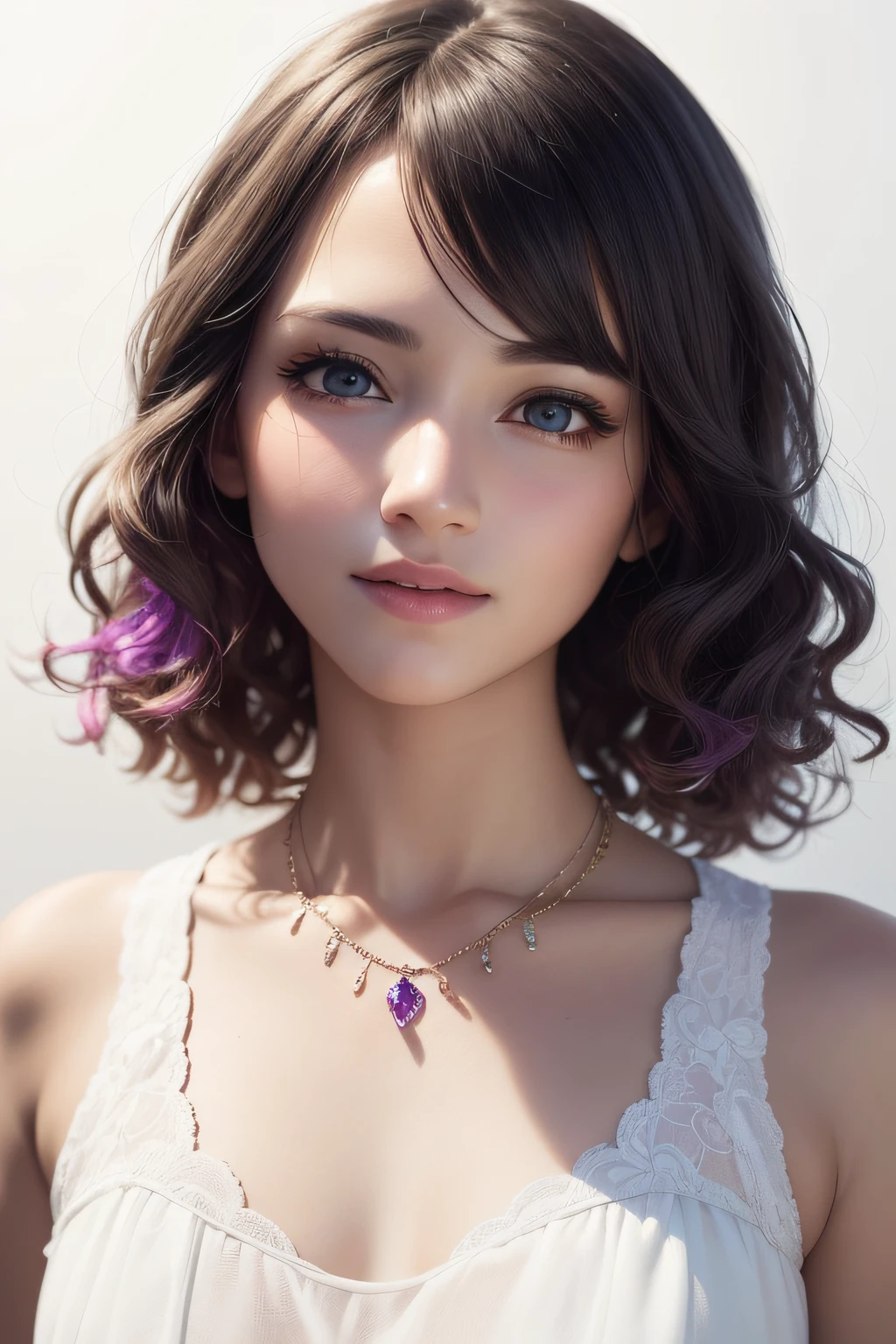 Woman with, purple curly hair, blue eyes, white dress, white background, clean background without other colors, (very detailed face, white dress, real pictures, realistic skin, realistic body, complex details), solo, girly face, pure face, solo, upper body, official art, unified 8k, super detailed, beautiful and beautiful, beautiful, masterpiece, best quality, soft, best quality, highly detailed, masterpiece, super detailed, (Realisticity: 1.2), 1 girl, purple crystal necklace, white face, round face, girly face, juvenile, smile, gray hair, 46 minutes oblique bangs, purple atmosphere, put on clothes, no chest leakage, realistic photo texture