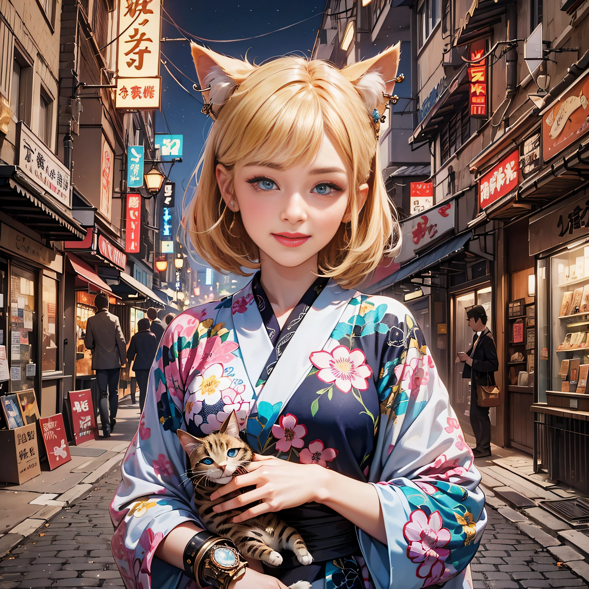 {{masterpiece, best quality, extremely detailed CG, unity 8k wallpaper}}, steampunk, downtown Tokyo in the early 20th century, 1 girl, 1 cat, smiling girl holding a cat, adorable face, blonde short bob , ear piercings, medium breasts, thin waist, goldfish print yukata, detailed face, detailed eyes, blue eyes, double eyelids, long eyelashes, cinematic lighting,