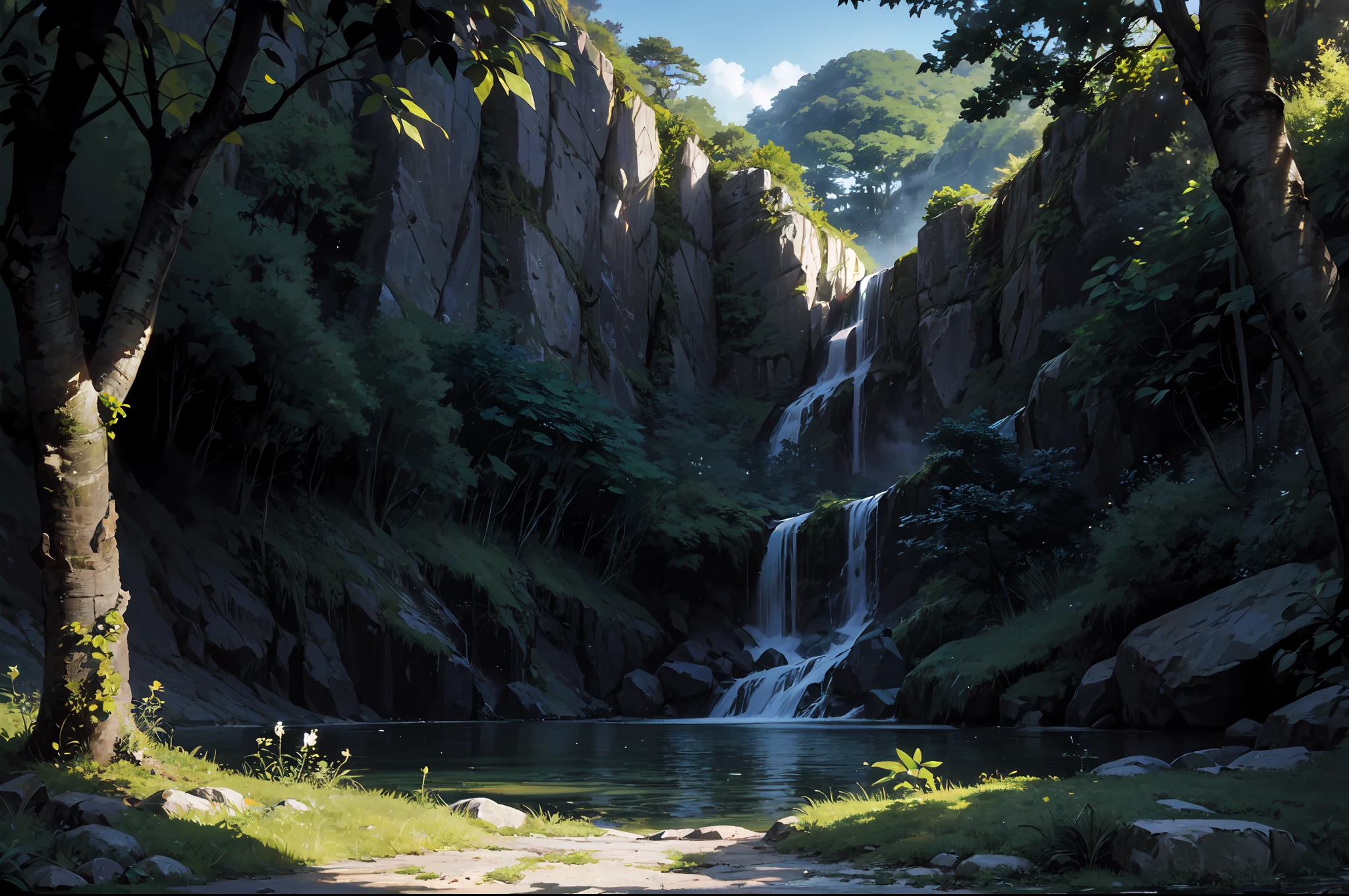 Masterpiece, best quality, 8K, high res, ultra-detailed, A scene of a waterfall cascading down a high cliff amongst lush greenery, adorned by vibrant flowers, towering pines, and delicate bamboo groves,no humans, sakura, beautiful view, ultra-detailed, fine detailed, highly detailed, intricate, highly detailed, ultra-detailed, scenery,no humans, lush green mountains, winding rivers, misty atmosphere, solitary, intricate details, delicate features, verdant trees, blooming flowers, druid's circle, soft moss, deep forest, intricate leaves and vines, wisps of light, still pool of water, pristine, verdant green, A picturesque scene of a waterfall cascading down a high cliff amongst lush greenery, adorned by vibrant flowers, towering pines, and delicate bamboo groves.