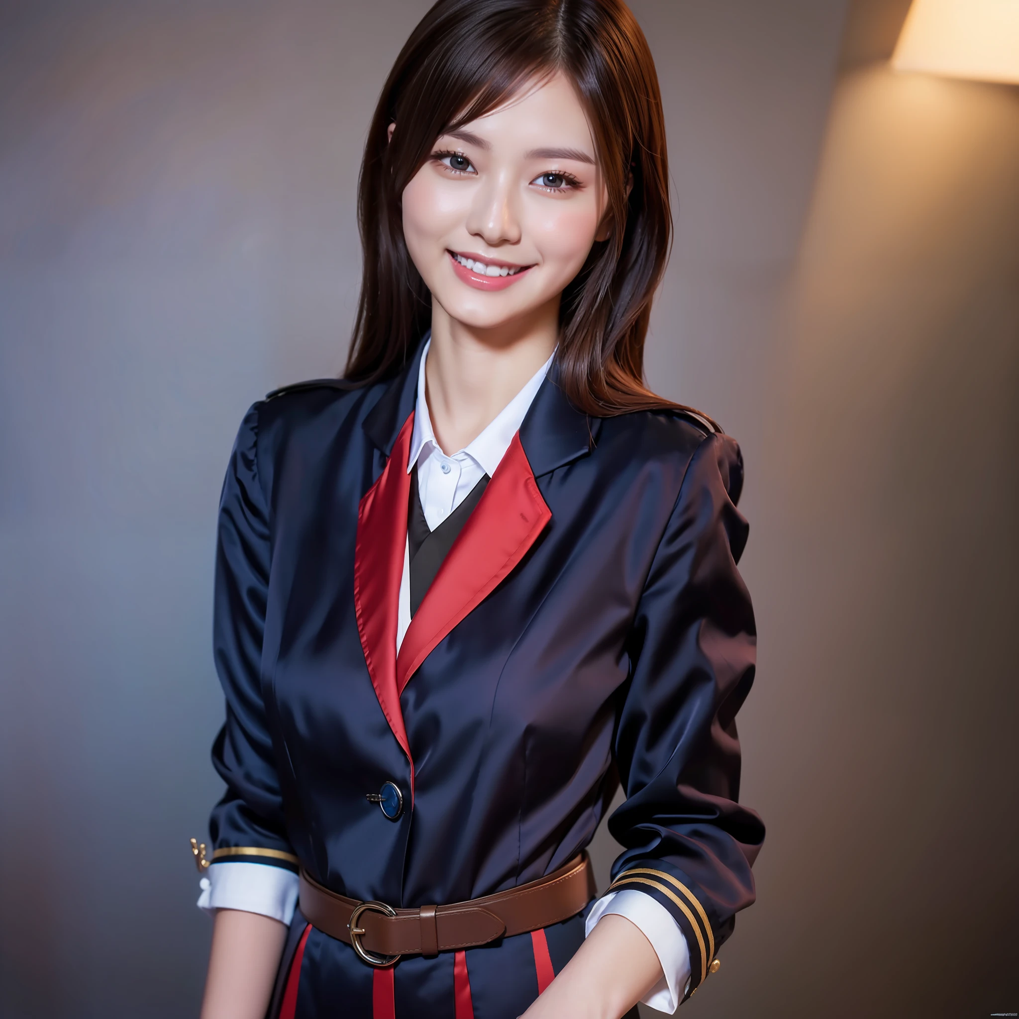 (extremely detailed CG unity 8k wallpaper, masterpiece, best quality, ultra-detailed), 19 year old Japanese woman, wearing tight silk uniform, cute, smiling, sexy pose