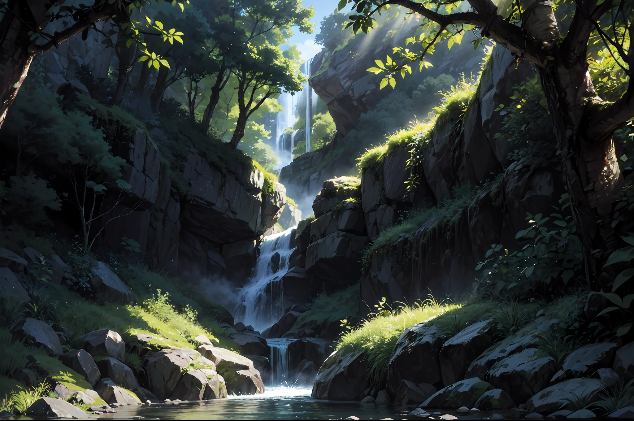 Masterpiece, best quality, 8K, high res, ultra-detailed, A scene of a waterfall cascading down a high cliff amongst lush greenery, adorned by vibrant flowers, towering pines, and delicate bamboo groves,no humans, sakura, beautiful view, ultra-detailed, fine detailed, highly detailed, intricate, highly detailed, ultra-detailed, scenery,no humans, lush green mountains, winding rivers, misty atmosphere, solitary, intricate details, delicate features, verdant trees, blooming flowers, druid's circle, soft moss, deep forest, intricate leaves and vines, wisps of light, still pool of water, pristine, verdant green, A picturesque scene of a waterfall cascading down a high cliff amongst lush greenery, adorned by vibrant flowers, towering pines, and delicate bamboo groves.