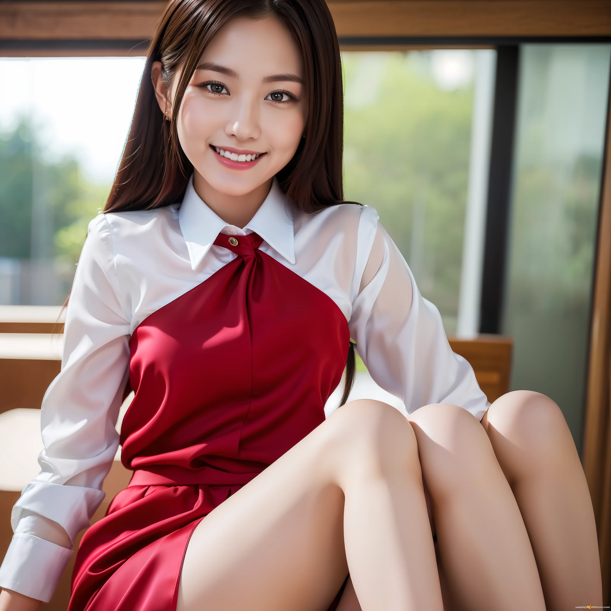 (extremely detailed CG unity 8k wallpaper, masterpiece, best quality, ultra-detailed), 19 year old Japanese woman, wearing tight silk uniform, cute, smiling, sexy pose