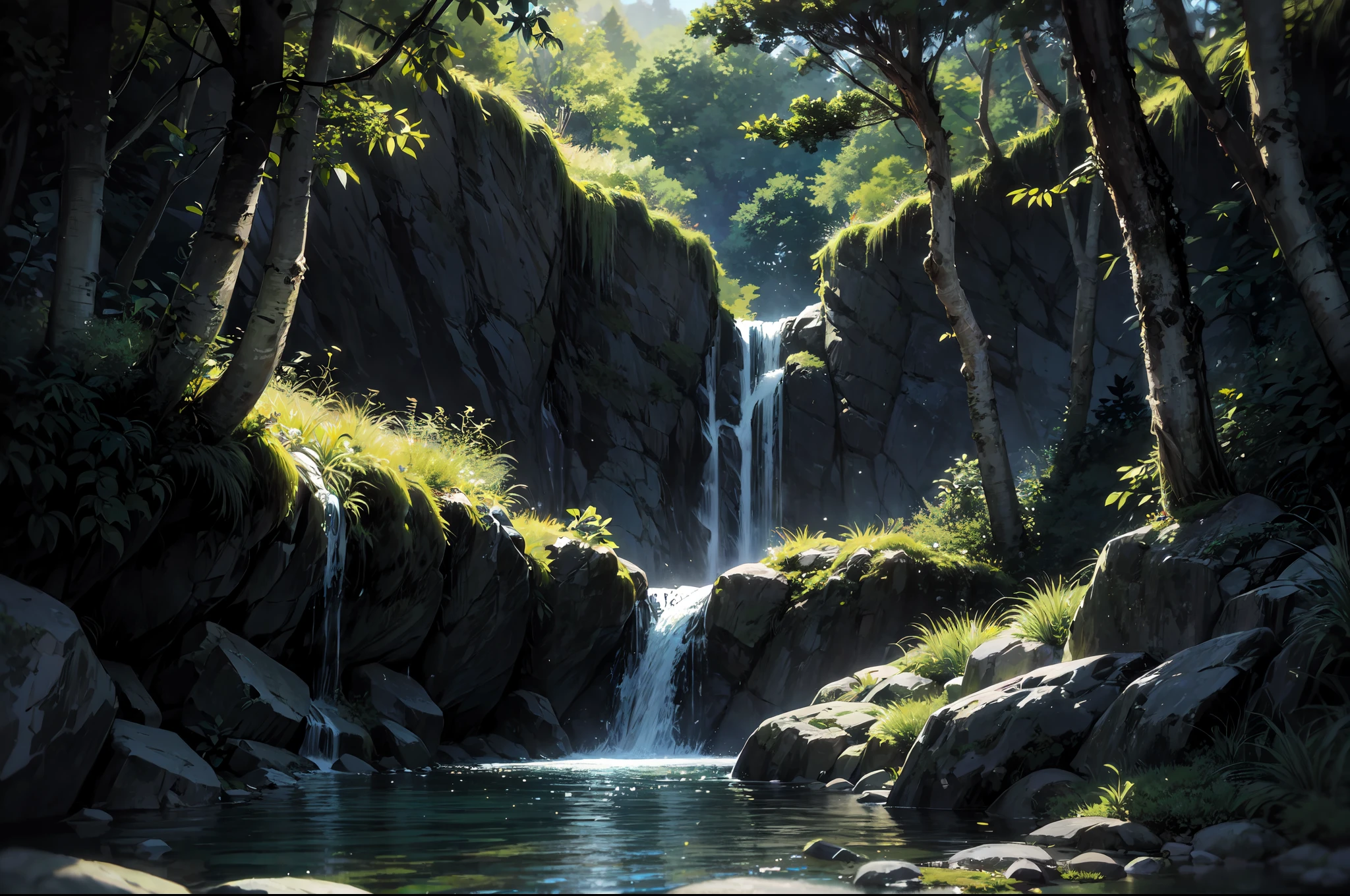 Masterpiece, best quality, 8K, high res, ultra-detailed, A scene of a waterfall cascading down a high cliff amongst lush greenery, adorned by vibrant flowers, towering pines, and delicate bamboo groves,no humans, sakura, beautiful view, ultra-detailed, fine detailed, highly detailed, intricate, highly detailed, ultra-detailed, scenery,no humans, lush green mountains, winding rivers, misty atmosphere, solitary, intricate details, delicate features, verdant trees, blooming flowers, druid's circle, soft moss, deep forest, intricate leaves and vines, wisps of light, still pool of water, pristine, verdant green, A picturesque scene of a waterfall cascading down a high cliff amongst lush greenery, adorned by vibrant flowers, towering pines, and delicate bamboo groves.