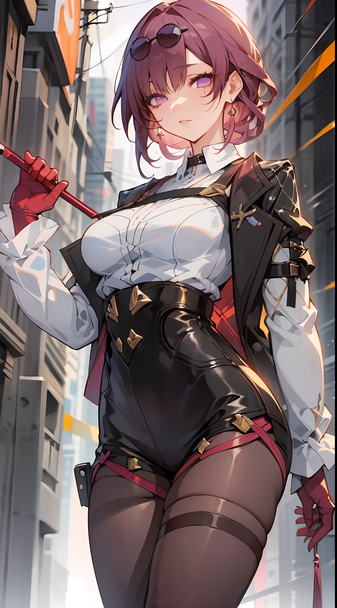 (masterpiece), the overlap of ultra-high-definition picture quality and warm yellow light, the girl stands sideways, with short purple hair, exuding a sexy atmosphere. She wears a tights and a white shirt, with suspenders and leg loops, which are trendy and colorful. The killer in the alley, controlling the crime scene, the background night and blood are about to appear.
