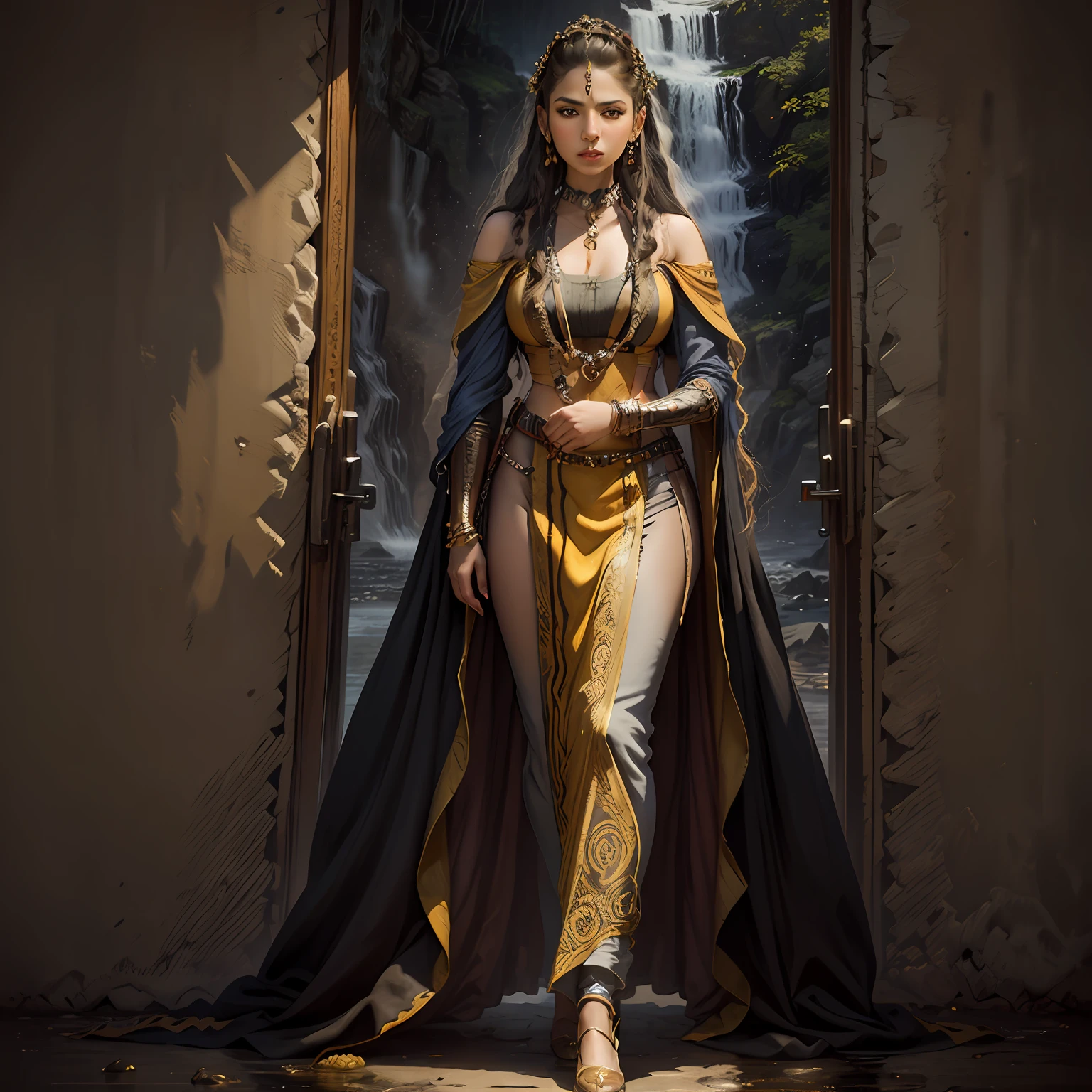 a woman in a yellow dress standing in front of a waterfall, muscular magician man, tanned ameera al taweel, realistic cosplay, inspired by Raja Ravi Varma, black supremacy, 2019, featured on cg society, samoan features, lgbt, the character is a man, hercules --auto