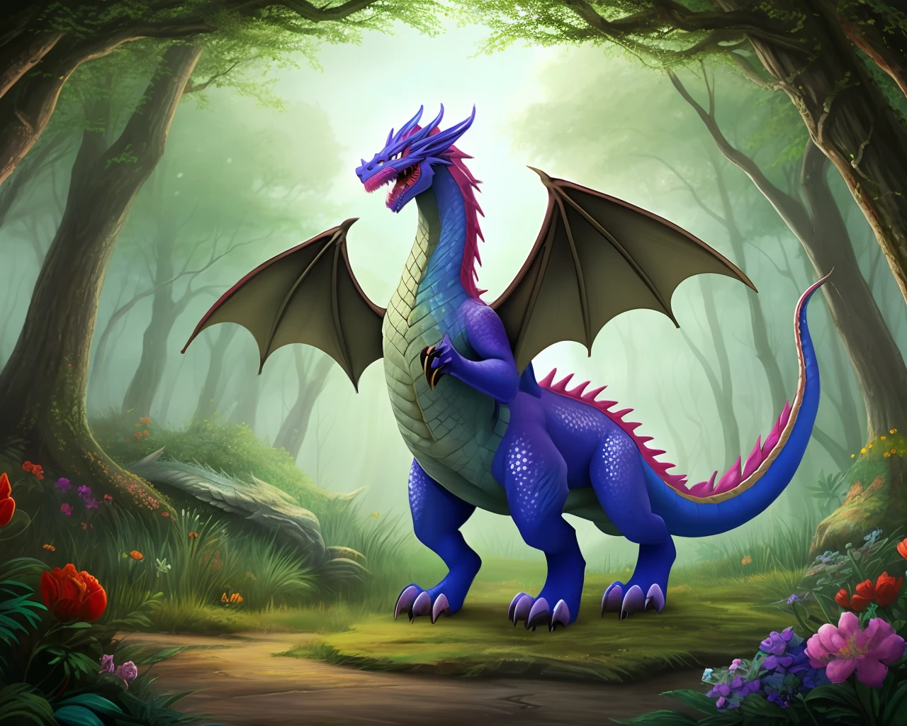 Once upon a time, in a magical and enchanted forest, there was a majestic dragon of bright colors. This dragon possessed a special power: he could cast magic spells and grant wishes to those who encountered him.