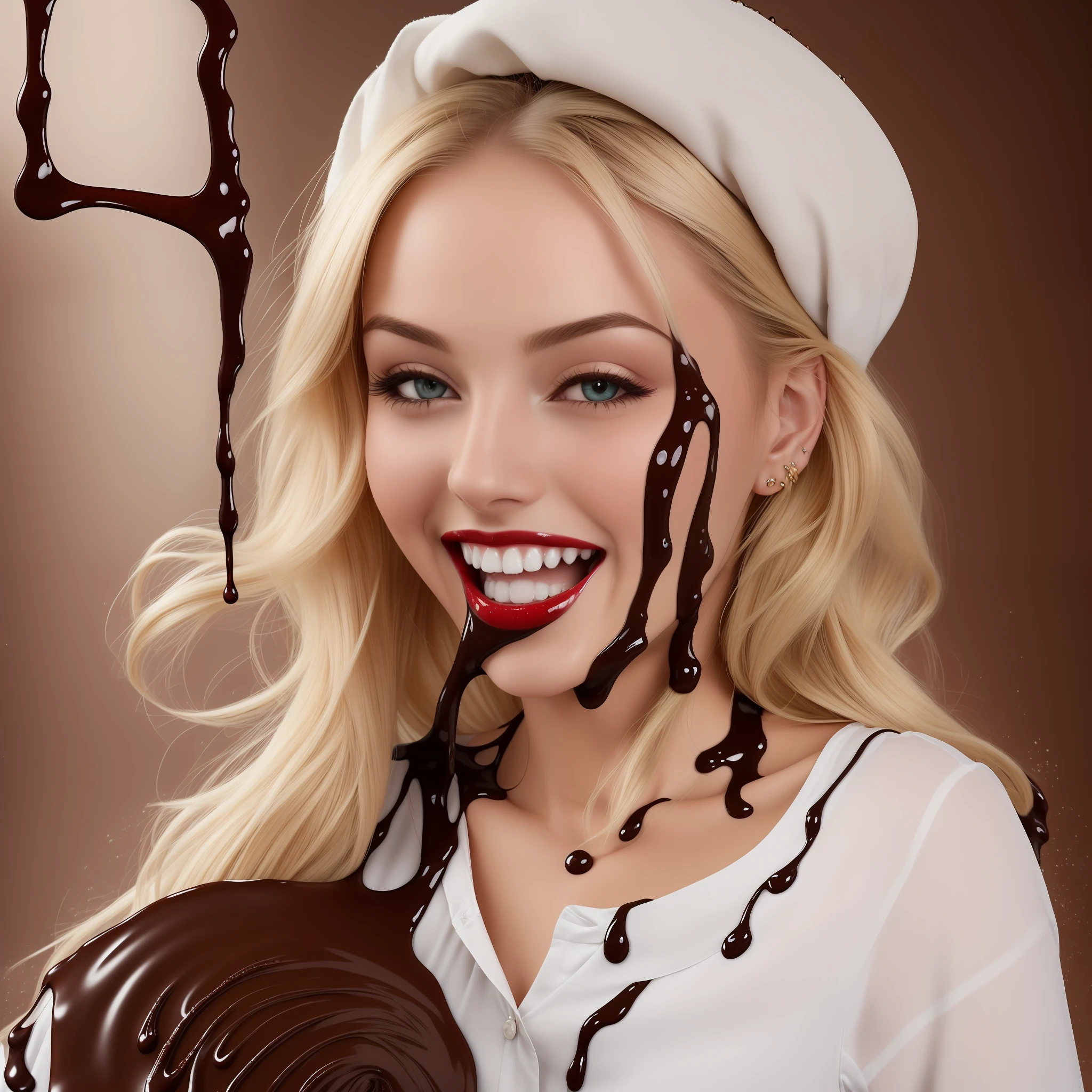 Photo realism, 4k, detail, (a sexy blonde women in a crisp white shirt), ((not wearing a hat)), sexy white uniform with no hat, ((laughing as large quantities of chocolate sauce pours on her head and hair)), slim, petite, aged 24, perfect face, ((beautiful short blonde hair)), (she is engulfed by the liquid chocolate sauce), laughing, smile, pretty, make up, red lips, (liquid chocolate sauce pours onto her beautiful hair)