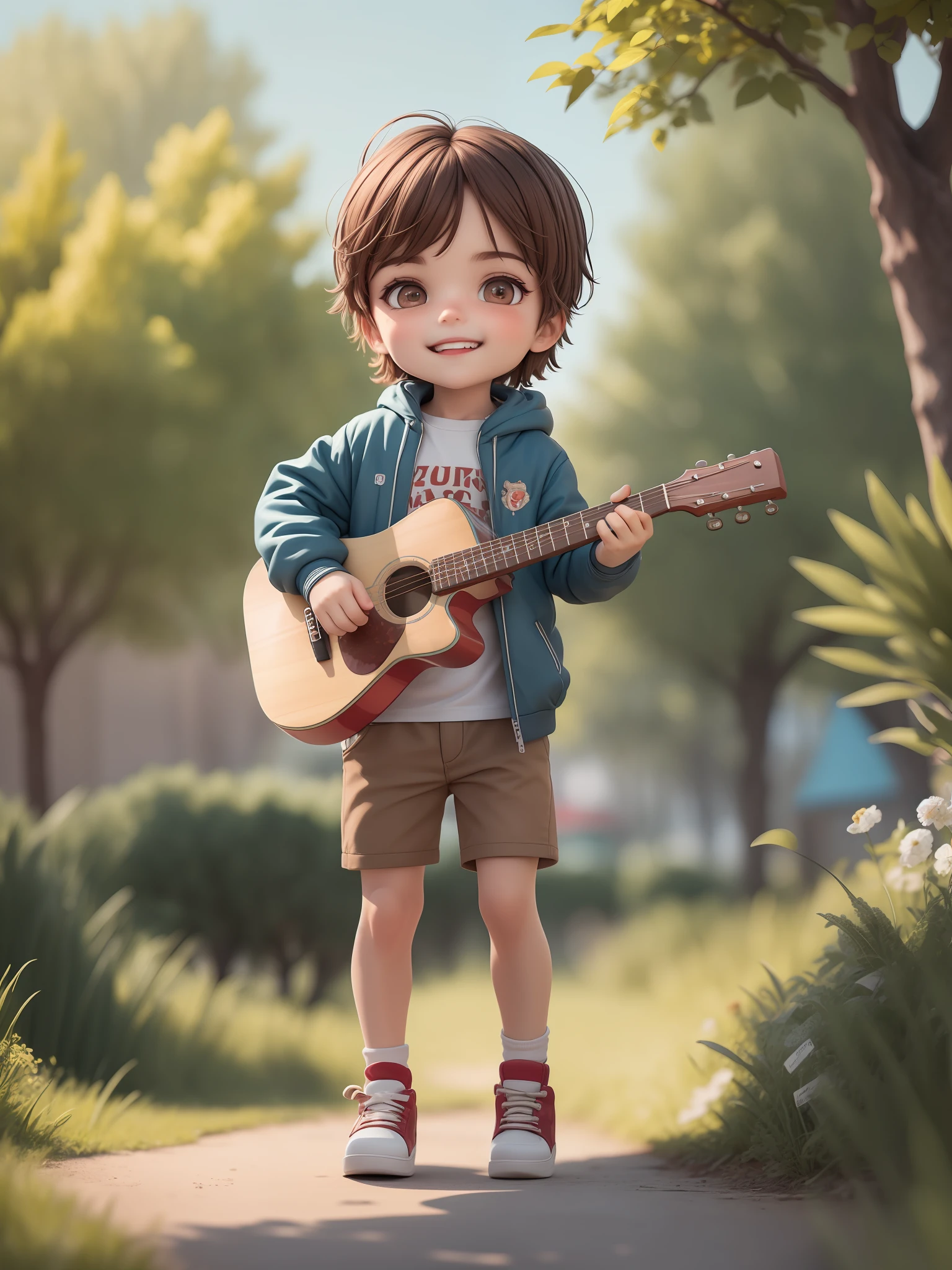(Masterpiece), (Best Quality), (Super Detail), (Full Body: 1.2), 1 Boy, Chibi, Cute, Smiling, Mouth Closed, Facing Forward, Looking Here, Outdoor, Playing Guitar, Music, Holding Guitar, Blushing Label, Tree, 3, Jacket, Shirt, Short Cut, Brown Hair, Light Brown Eyes, Bright Eyes, (Beautiful Detailed Face), (Beautiful Detailed Eyes), Blur.