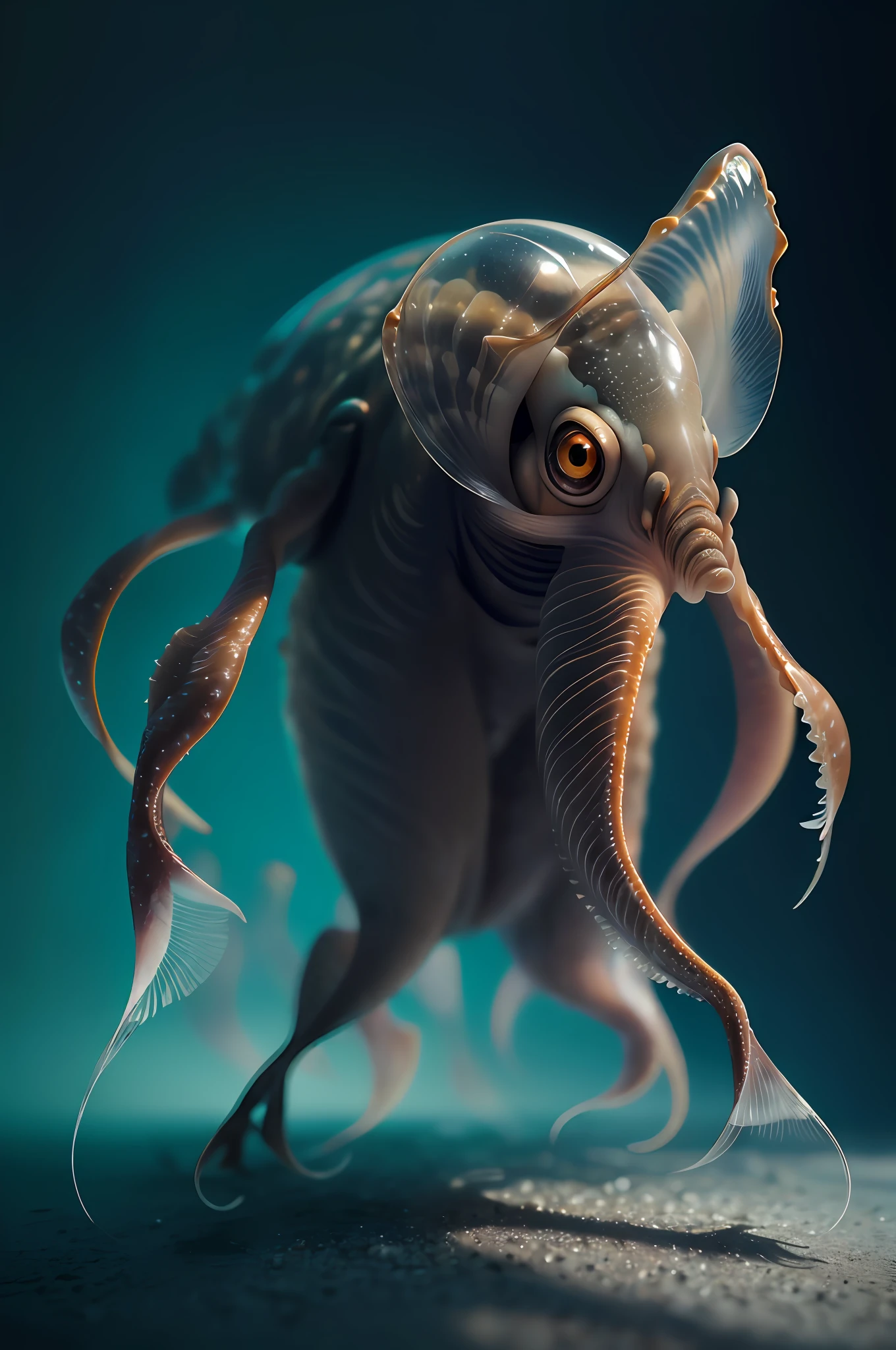 Big six legs creature transparent and lighting body, walking on all legs, (((cuttlefish head))), four eyes, sic leghs, high image quality, realistic look, high-resolution photography, 8K, full-frame matrix, deep shadows, ((one character)), (intricate details, subsurface scattering, hyperdetailed:1.15), (hyperrealism, volumetric lighting, sharp:1.5) Fujifilm XT3