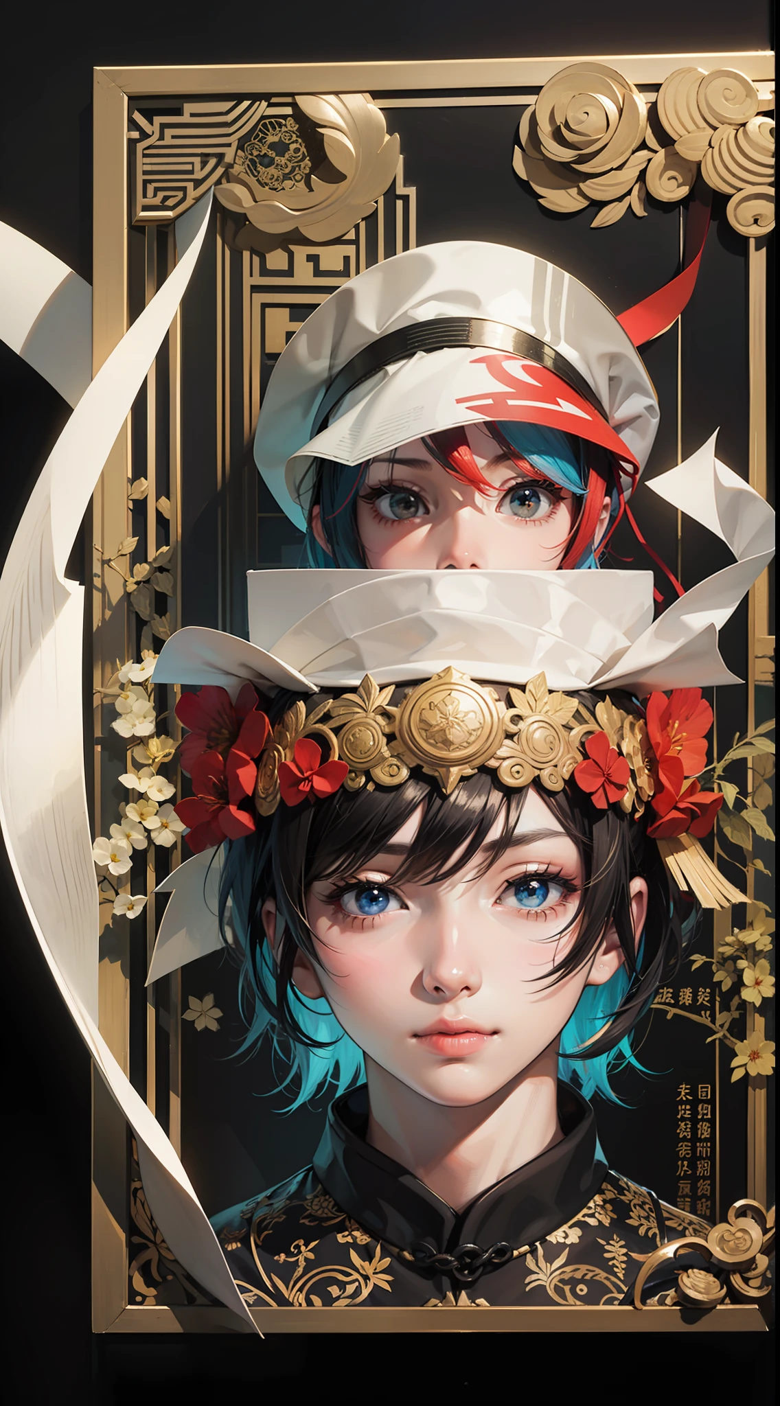 Multi-dimensional paper kirigami craft, paper illustration, Kagamine Len, cute boy, colorful style, chinese colors, centered, looking at the audience, symmetrical, reasonable design, 3d relief, low complexity, close-up 4 --s 100
