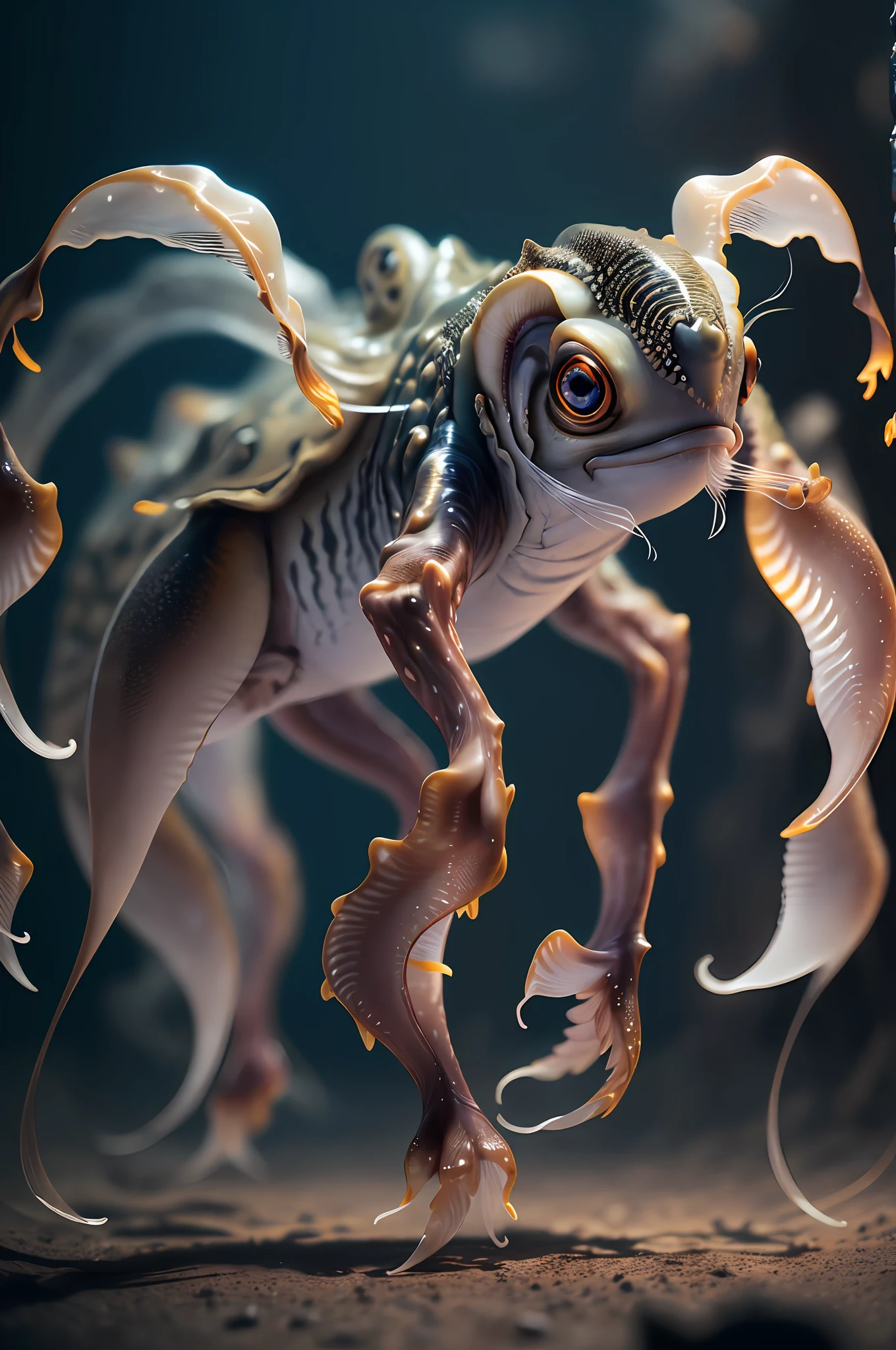 Big six legs creature transparent and lighting body, walking on all legs, (((cuttlefish head))), four eyes, sic leghs, high image quality, realistic look, high-resolution photography, 8K, full-frame matrix, deep shadows, ((one character)), (intricate details, subsurface scattering, hyperdetailed:1.15), (hyperrealism, volumetric lighting, sharp:1.5) Fujifilm XT3