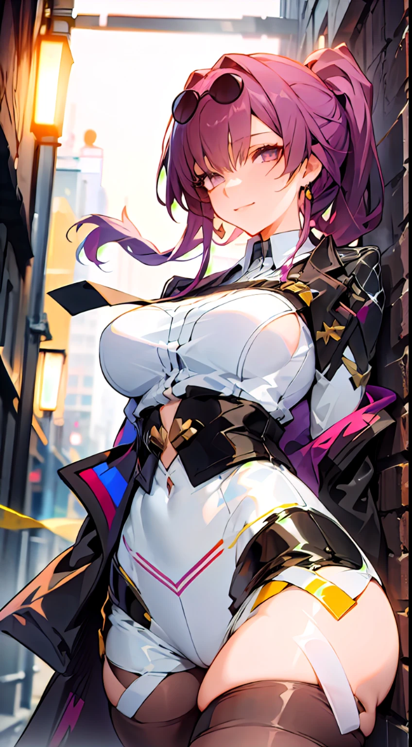 Girl, half-body, ultra high-definition, warm yellow lights, purple hair, leg rings, alley, killer, control the scene, crime scene, looking at the camera, sideways, night, tights, white shirt, single ponytail, misty smile