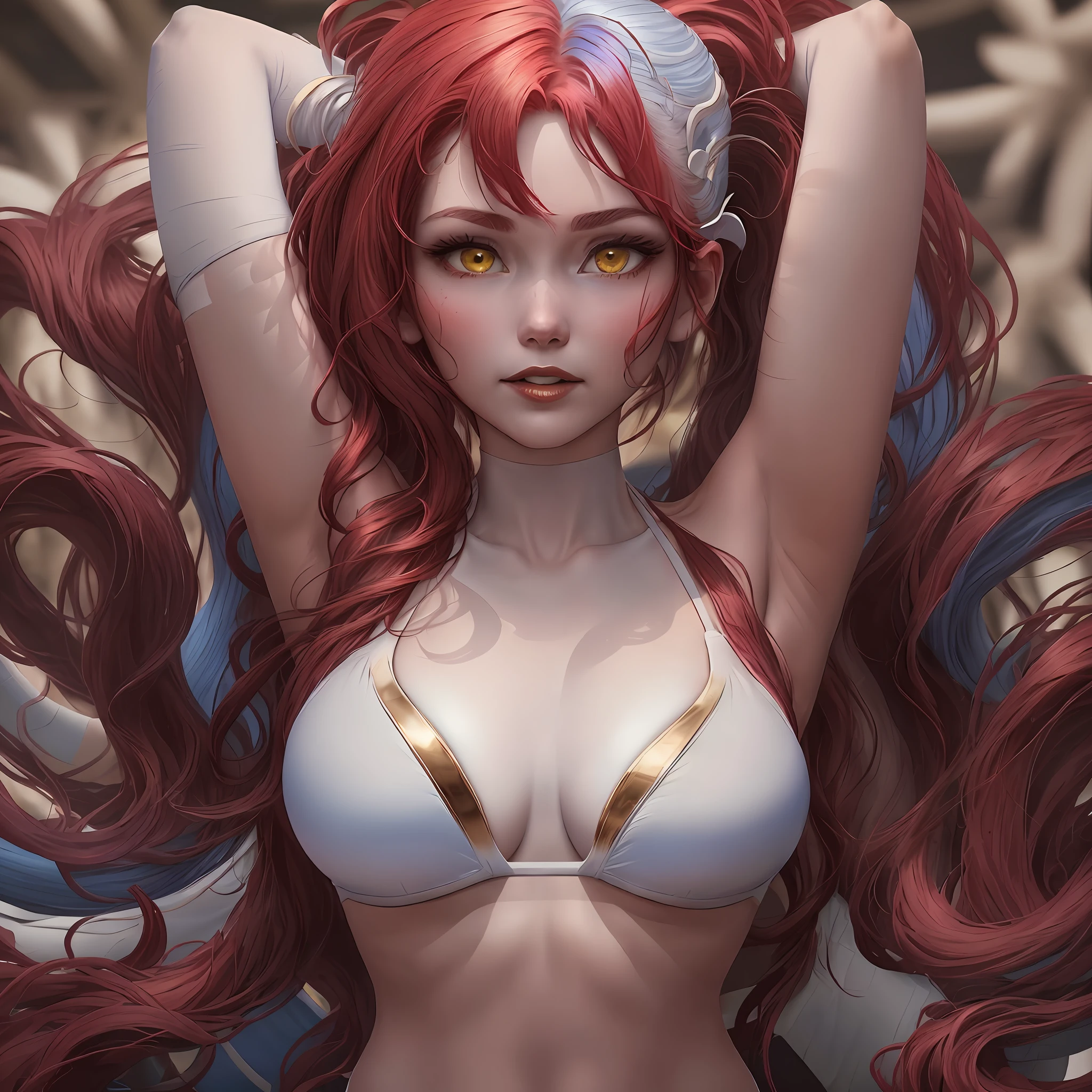 blue girl wearing a (((white bikini))), (arms raised behind head), (((blue skin))), extra long (red|ruby) hair in all background, extra long (red|ruby) hair with ponytail, yellow (gold eyes), ((((white bikini))) with silver details)