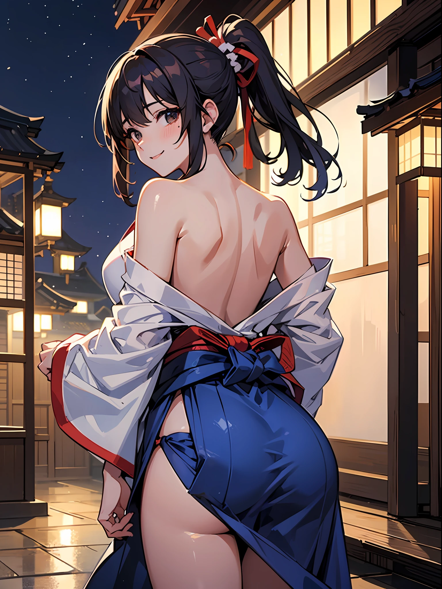 Masterpiece, super high quality, super detail, perfect drawing, beautiful girl in loincloth, Japan outfit, shirtless, bountiful breasts, back appearance, cute face, loli big ass, looking back with a cute smile, 3 sizes B95W60H90, Beautiful Girl, Samurai, in yukata, Black Ponytail, Hair tied up with a large red ribbon, Equipped with two Japan swords,blush (0.2), night view, coolness, scenic,elegance, beautiful background, accurate drawing, detailed drawing
