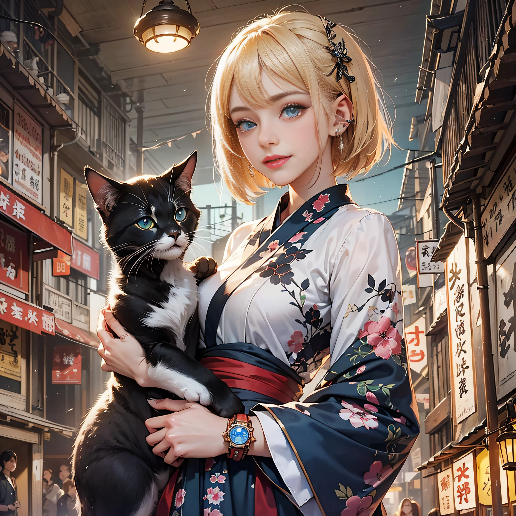 {{masterpiece, best quality, extremely detailed CG, unity 8k wallpaper}}, steampunk, Yokohama Chinatown, 1 girl, 1 cat, smiling girl holding a cat, adorable face, blond short bob, ear piercings, Medium breasts, thin waist, graceful feminine hands, long thin fingers, yukata, detailed eyes, blue eyes, double eyelids, long eyelashes, cinematic lighting,