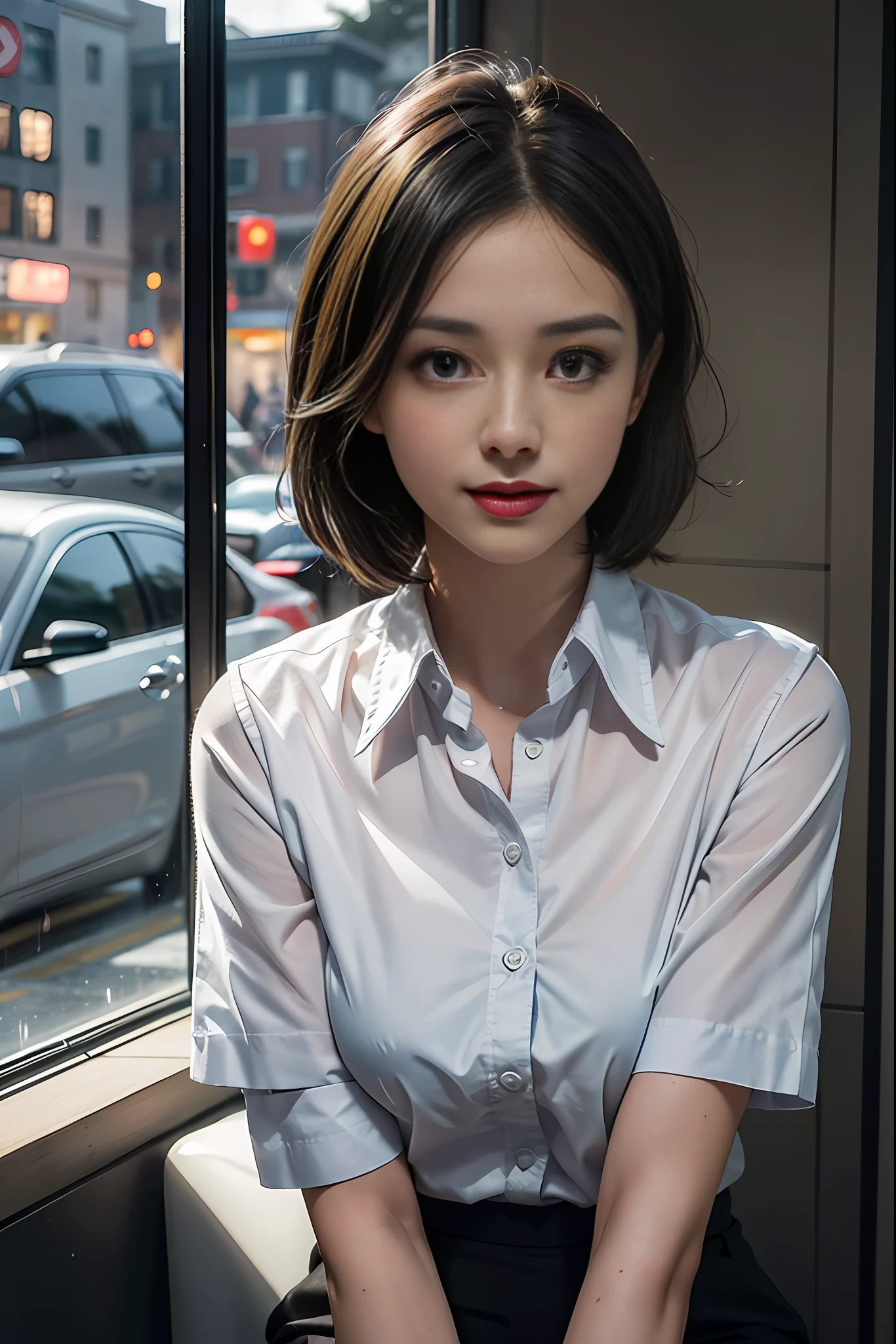 (64K, Ultra HD,
Best Quality, Masterpiece: 1.2), (Realistic, Photo Realistic: 1.37), Ultra Detailed, 1 Girl, Cute, Solo, Beautiful Detailed Sky, Detailed Cafe, Evening, Seated, Dating, (Nose Blush), (Smile: 1.15), (Shut Up) Small Tits, Beautiful Detail Eyes, (Collared Shirt: 1.1), Evening, Wet, Businesswear, Rain, White Lace, (Short Hair: 1.2), Floating Hair Nova Frog Style, Nude Photos,