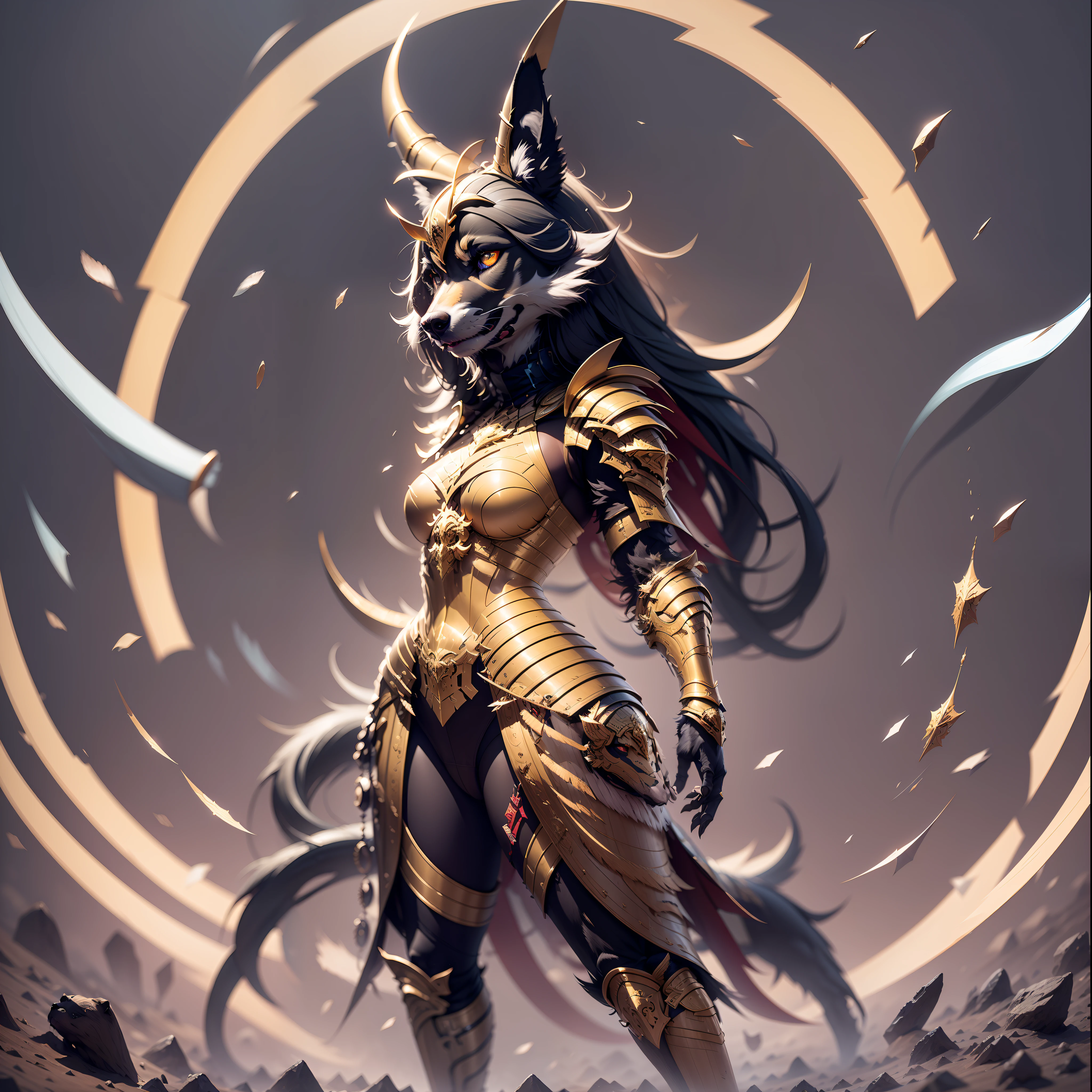 Full body view, back ground, 1 dog girl, Fluorescent scintillation eyes, Fluorescent scintillation's golden armor,