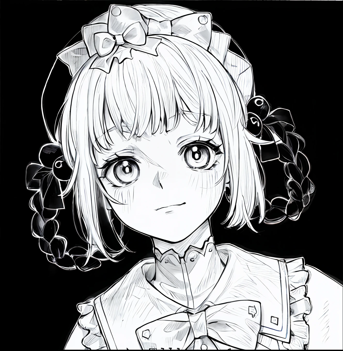 a drawing of a girl with a bow and a dress, clean anime outlines, lineart, clean detailed anime style, clean lineart, simple lineart, kawaii realistic portrait, detailed manga style, lineart behance hd, perfect lineart, anime style drawing, traditional drawing style, flat anime style shading, thick lineart, detailed anime soft face