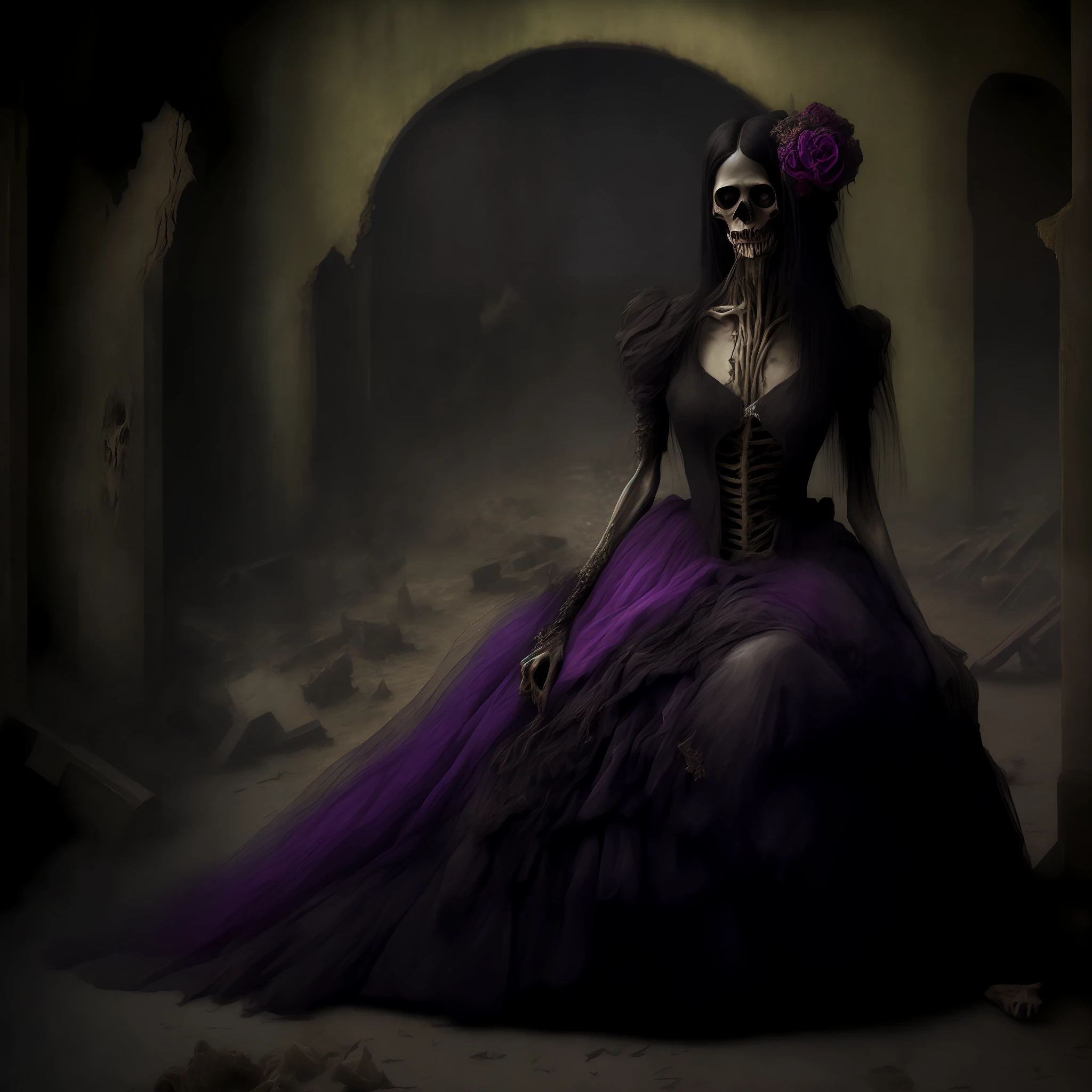 Decomposing zombie in long black dress torn with black details, rotten, no flesh n face, just bones, sitting in the cemeteryPortrait of princess, zombie, rotten flesh, blood, skeletal, bones, putrefa, in a dungeon abandons destroyed, big chests, sensual, corpse, black hair, big neckline