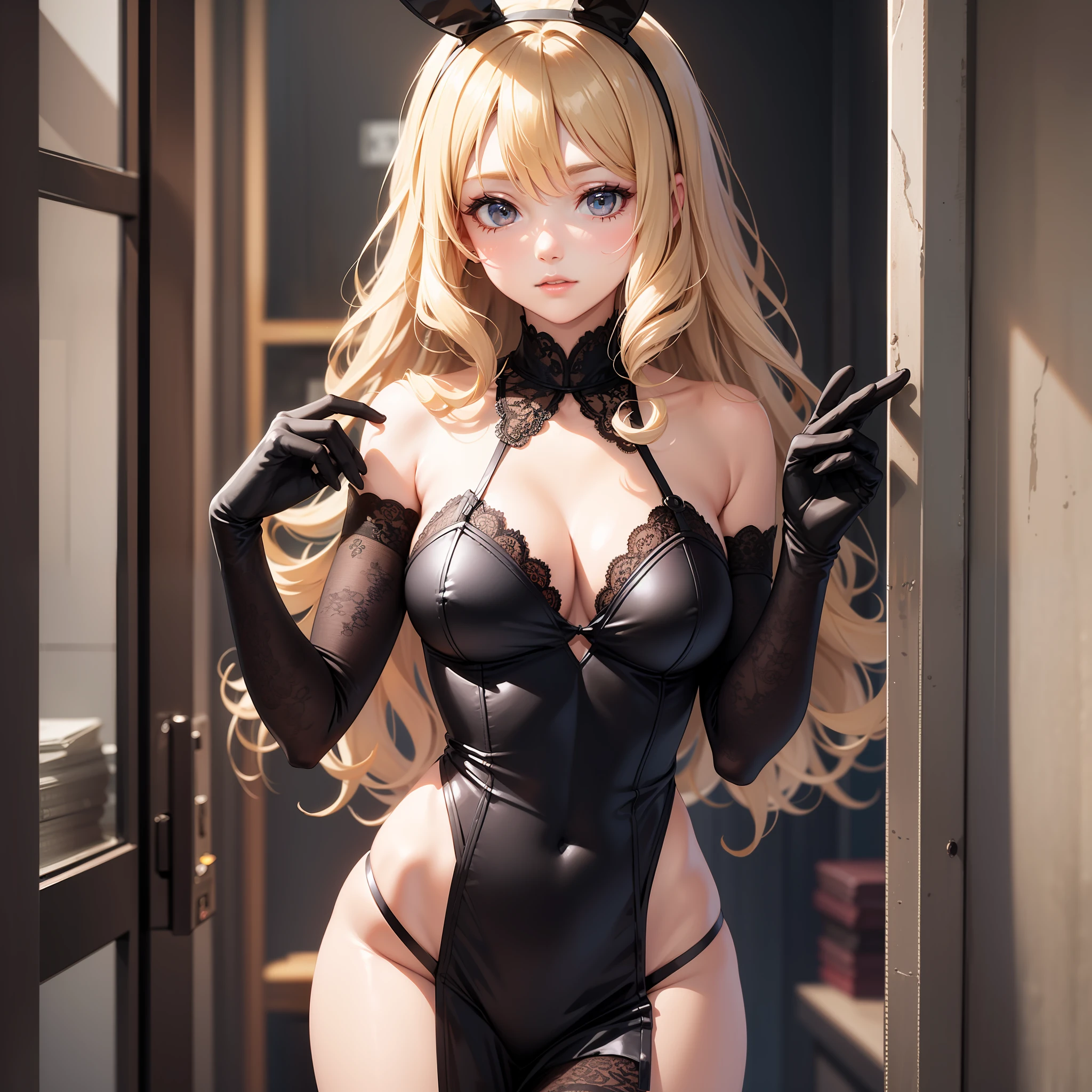 Black bunny girl, entrance, dealer, blonde curly hair, black lace gloves, outstanding style