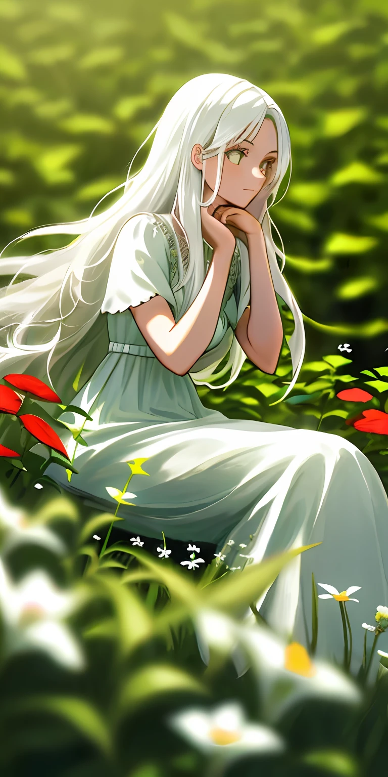 (masterpiece, best quality),1girl with long white hair sitting in a field of green plants and flowers, her hand under her chin, warm lighting, white dress, blurry foreground