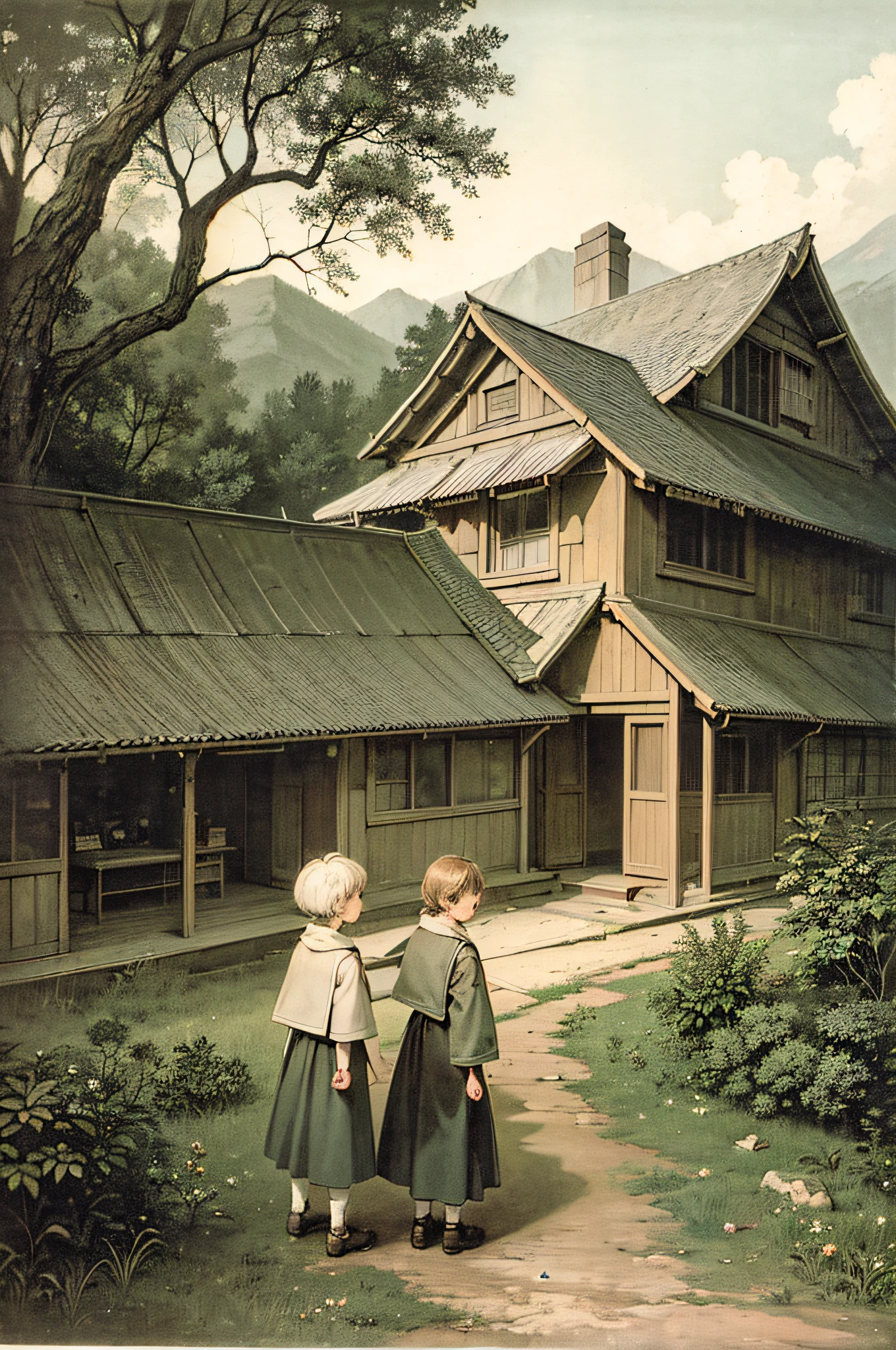 1690s art, ((1900s house,)) classic fairy tales, 910s Japanese rural houses, poor houses, poor people, classical family scenes, film photography, classic family scenery, 19th century fairy tale collection, old life, Kodak, film grain, film photography, concept photography, real, reality, zoom undone, dystopia, cyberpunk, broken world, city of nostalgia