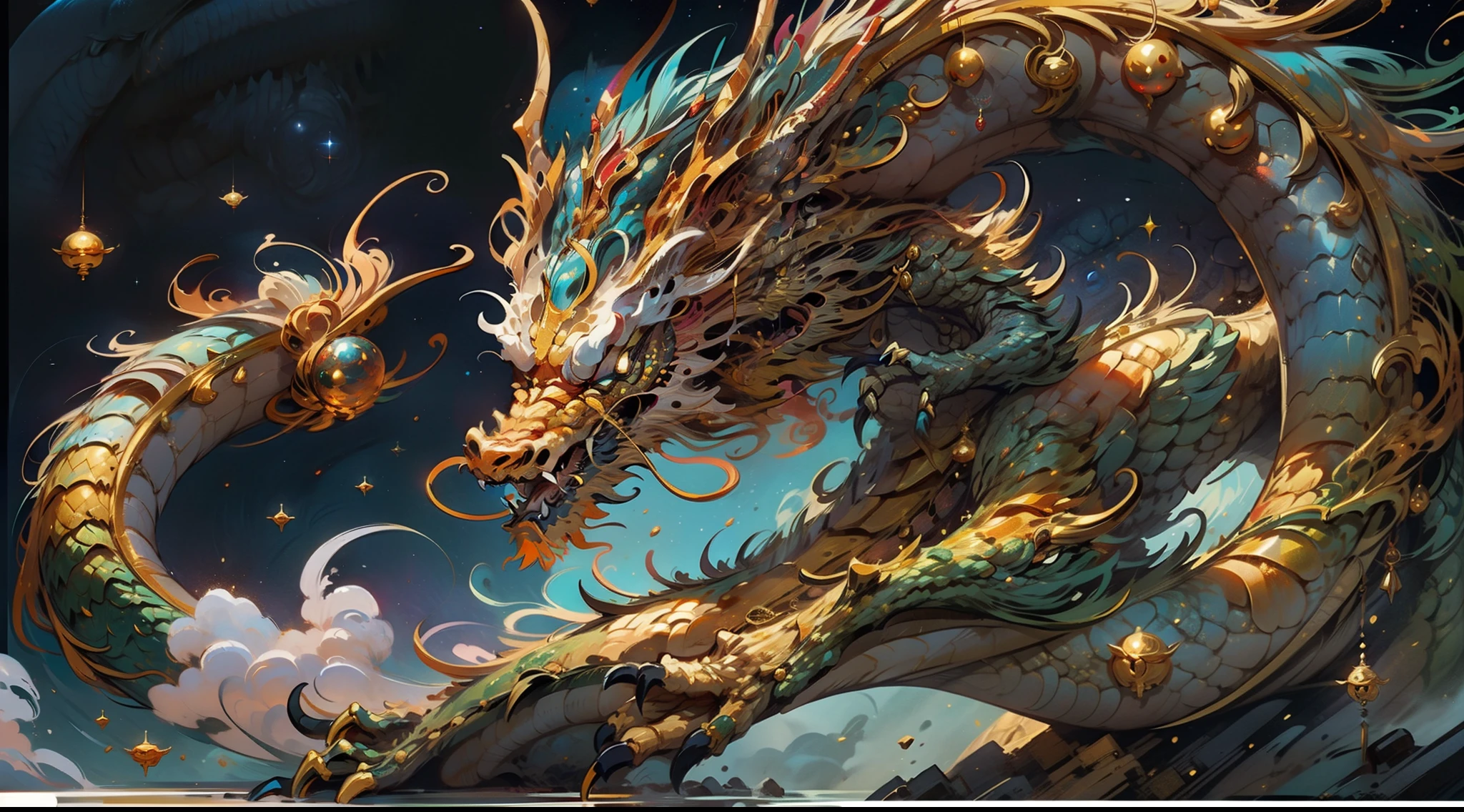 Five-clawed golden dragon, auspicious rui, wisdom, deep universe, dynamic, realistic