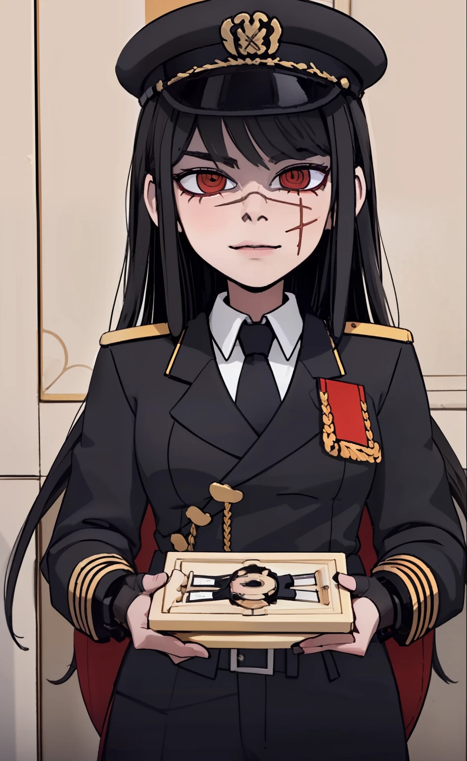 (masterpiece, best quality: 1.2), Solo, 1girl, Yoru \(Chainsaw Man\), looking at the viewer, different poses, red eye, long hair, completely black hair, reference to clothing of a German WWII general, black long sleeves (best quality), scar on face, beautiful eyes, has only 2 arms, has war medals on his clothes, Black Military Cap, Golden Eagle Medal on Clothing,  (Wallpaper), (8K HD), (8K HD), Golden Shoulder Pads, Sprites, 1 Single Design (masterpiece, best quality: 1.2), Solo, 1girl, Yoru \(Chainsaw Man\), looking at the viewer, smile, happy, different poses, red eye, long hair, completely black hair, reference to clothing of a German WWII general, black long sleeves (best quality), scar on face,  beautiful eyes, has only 2 arms, has war medals on his clothes, black military cap, golden eagle medal on clothing, (wallpaper), (8K HD), (8K HD), (8K HD), golden shoulder pads, sprites, 1 single design