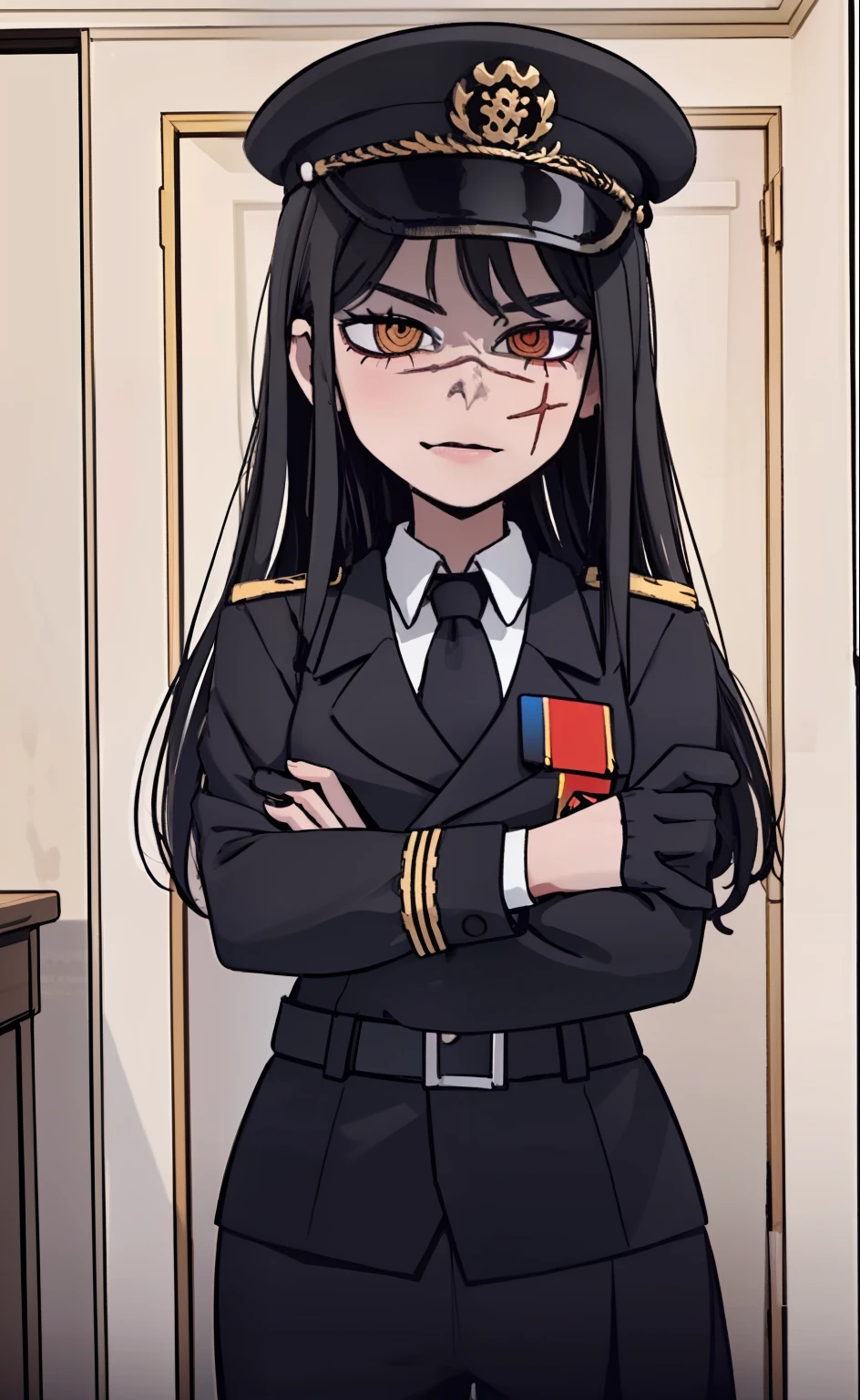 (masterpiece, best quality: 1.2), Solo, 1girl, Yoru \(Chainsaw Man\), looking at the viewer, different poses, red eye, long hair, completely black hair, reference to clothing of a German WWII general, black long sleeves (best quality), scar on face, beautiful eyes, has only 2 arms, has war medals on his clothes, Black Military Cap, Golden Eagle Medal on Clothing,  (Wallpaper), (8K HD), (8K HD), Golden Shoulder Pads, Sprites, 1 Single Design (masterpiece, best quality: 1.2), Solo, 1girl, Yoru \(Chainsaw Man\), looking at the viewer, smile, happy, different poses, red eye, long hair, completely black hair, reference to clothing of a German WWII general, black long sleeves (best quality), scar on face,  beautiful eyes, has only 2 arms, has war medals on his clothes, black military cap, golden eagle medal on clothing, (wallpaper), (8K HD), (8K HD), (8K HD), golden shoulder pads, sprites, 1 single design