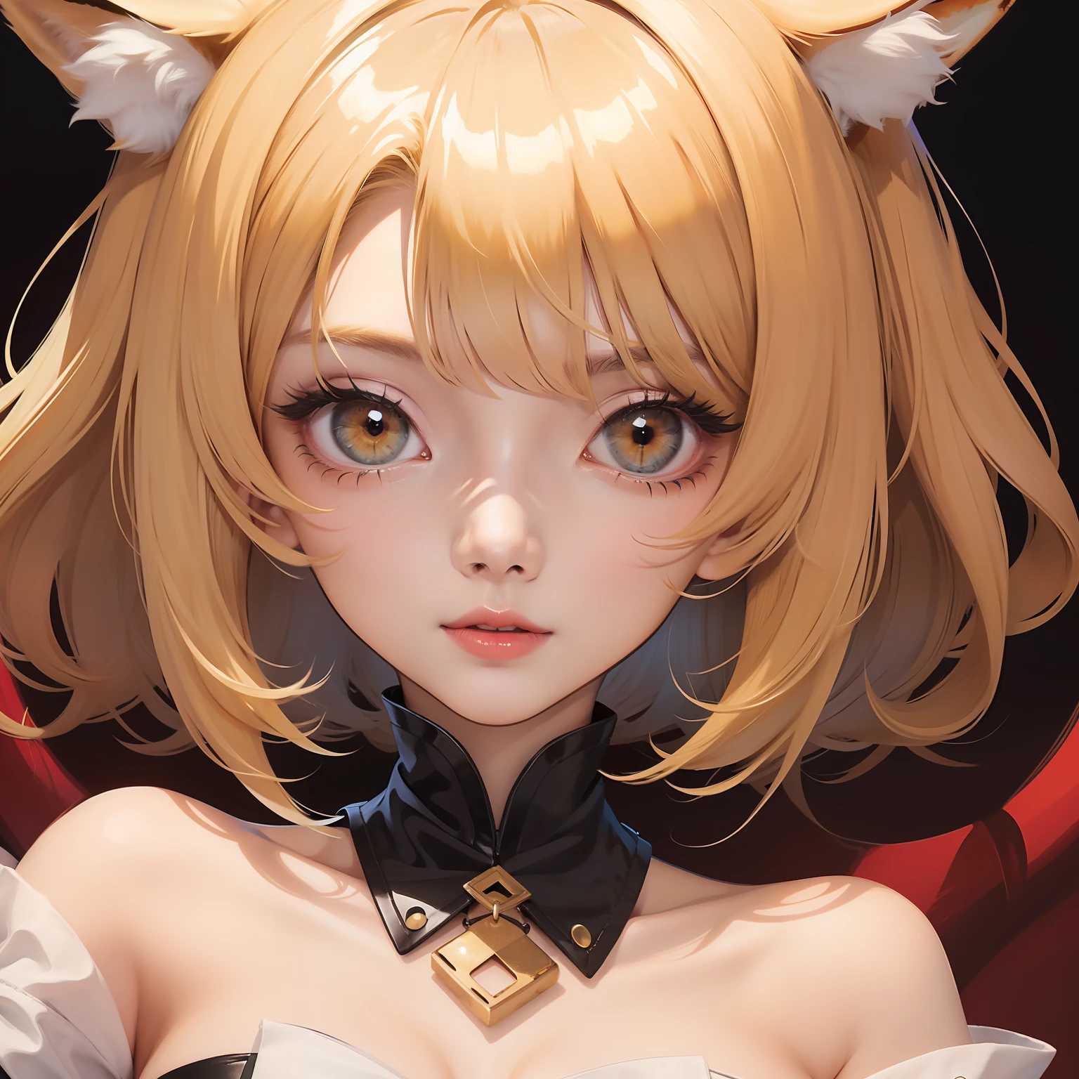 digital illustration of a fox girl with fox ears, red buruma, t-short top, choppy bob haircut, blonde hair color, pronounced feminine features, close up