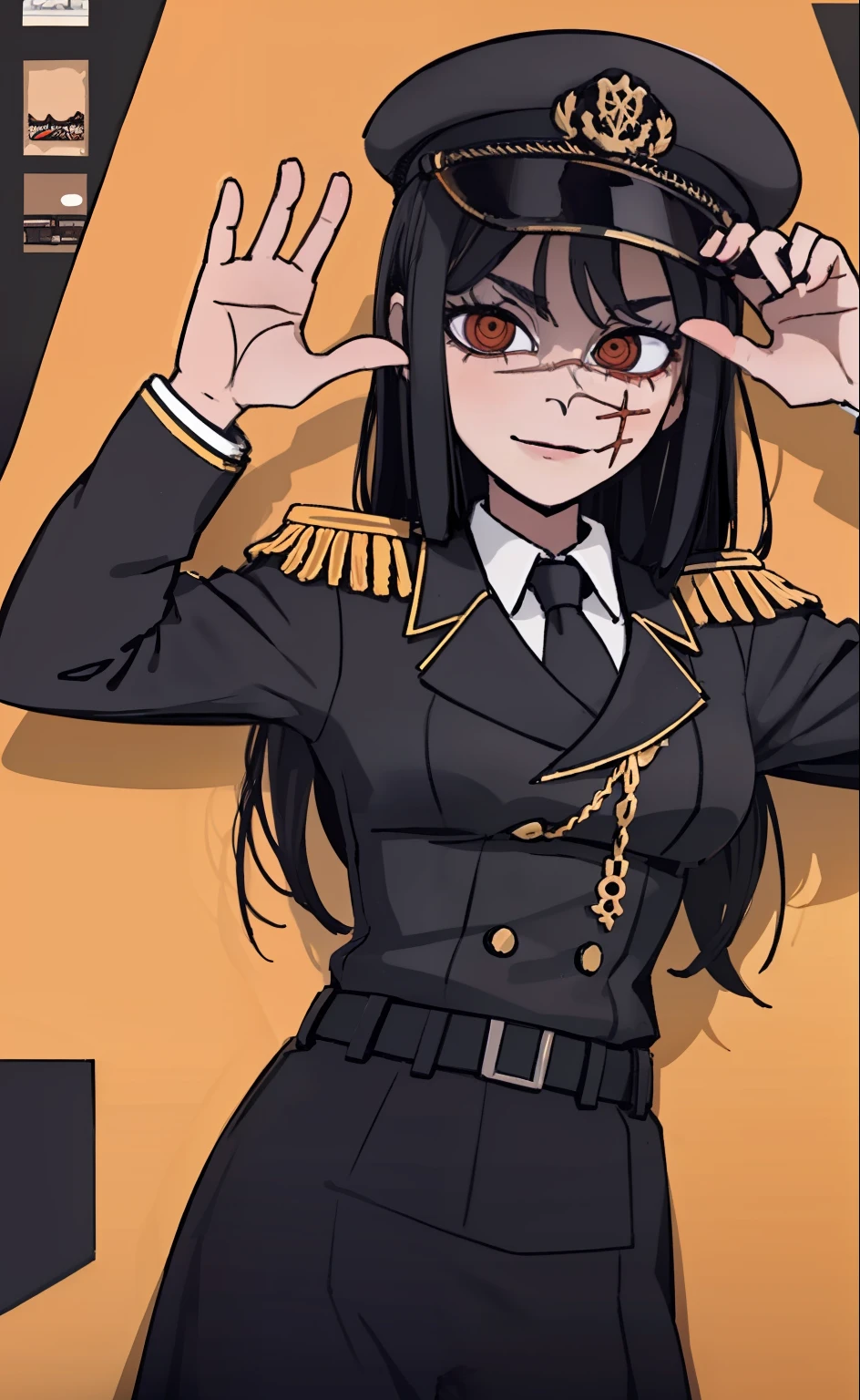 (masterpiece, best quality: 1.2), Solo, 1girl, Yoru \(Chainsaw Man\), looking at the viewer, different poses, red eye, long hair, completely black hair, reference to clothing of a German WWII general, black long sleeves (best quality), scar on face, beautiful eyes, has only 2 arms, has war medals on his clothes, Black Military Cap, Golden Eagle Medal on Clothing,  (Wallpaper), (8K HD), (8K HD), Golden Shoulder Pads, Sprites, 1 Single Design (masterpiece, best quality: 1.2), Solo, 1girl, Yoru \(Chainsaw Man\), looking at the viewer, smile, happy, different poses, red eye, long hair, completely black hair, reference to clothing of a German WWII general, black long sleeves (best quality), scar on face,  beautiful eyes, has only 2 arms, has war medals on his clothes, black military cap, golden eagle medal on clothing, (wallpaper), (8K HD), (8K HD), (8K HD), golden shoulder pads, sprites, 1 single design