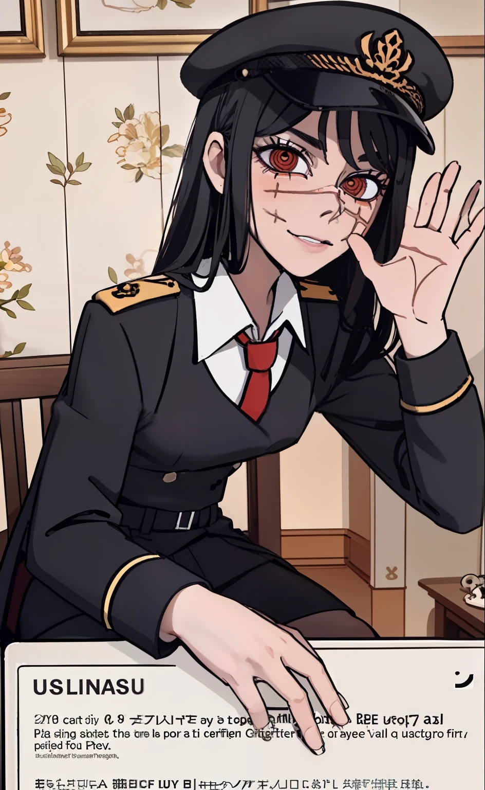 (masterpiece, best quality: 1.2), Solo, 1girl, Yoru \(Chainsaw Man\), looking at the viewer, different poses, red eye, long hair, completely black hair, reference to clothing of a German WWII general, black long sleeves (best quality), scar on face, beautiful eyes, has only 2 arms, manos bien definidas, has war medals on his clothes, Black Military Cap, Golden Eagle Medal on Clothing, (Wallpaper), (8K HD), (8K HD), Golden Shoulder Pads, Sprites, 1 Single Design (masterpiece, best quality: 1.2), Solo, 1girl, Yoru \(Chainsaw Man\), looking at the viewer, smile, happy, different poses, red eye, long hair, completely black hair, reference to clothing of a German WWII general, black long sleeves (best quality), scar on face, beautiful eyes, has only 2 arms, well-defined hands, has war medals on his clothes, black military cap, golden eagle medal on clothing, (wallpaper), (8K HD), (8K HD), (8K HD), golden shoulder pads, sprites, 1 single design, WHITE BACKGROUND