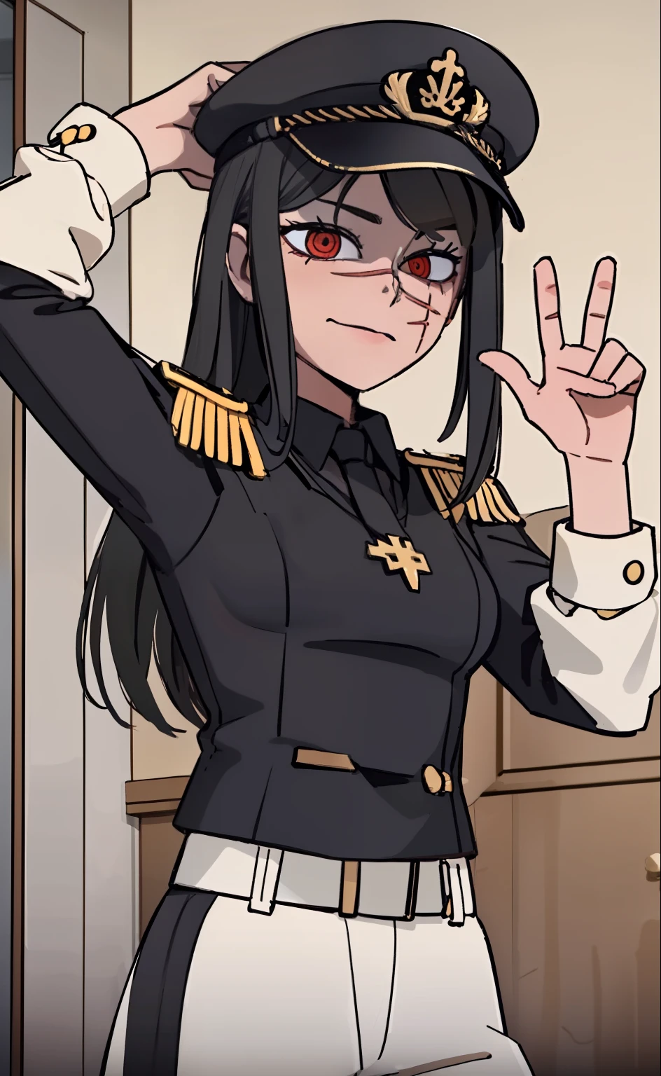 (masterpiece, best quality: 1.2), Solo, 1girl, Yoru \(Chainsaw Man\), looking at the viewer, different poses, red eye, long hair, completely black hair, reference to clothing of a German WWII general, black long sleeves (best quality), scar on face, beautiful eyes, has only 2 arms, has war medals on his clothes, Black Military Cap, Golden Eagle Medal on Clothing,  (Wallpaper), (8K HD), (8K HD), Golden Shoulder Pads, Sprites, 1 Single Design (masterpiece, best quality: 1.2), Solo, 1girl, Yoru \(Chainsaw Man\), looking at the viewer, smile, happy, different poses, red eye, long hair, completely black hair, reference to clothing of a German WWII general, black long sleeves (best quality), scar on face,  beautiful eyes, has only 2 arms, has war medals on his clothes, black military cap, golden eagle medal on clothing, (wallpaper), (8K HD), (8K HD), (8K HD), golden shoulder pads, sprites, 1 single design