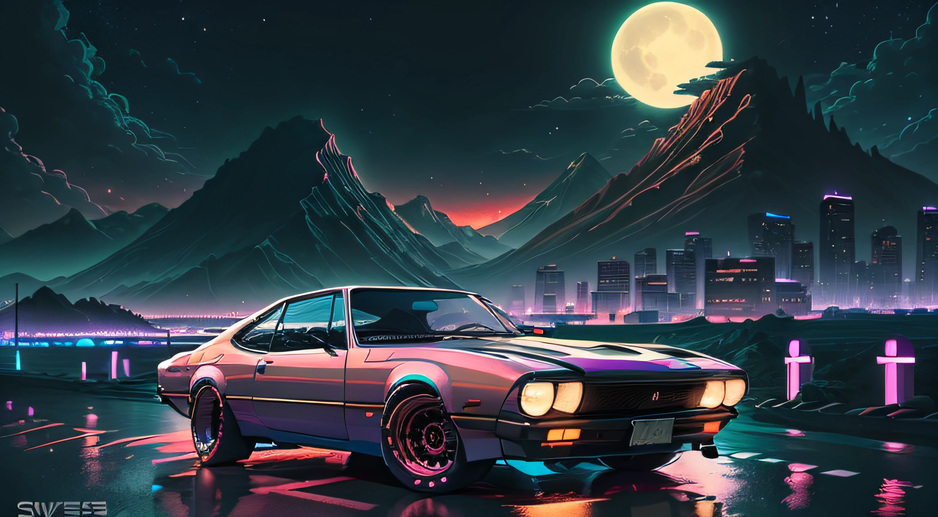 retrowave. city, 1969 Nissan S30, wide body kit, road,  purple neon lights, sun, mountain, 
(masterpiece,detailed,highres),