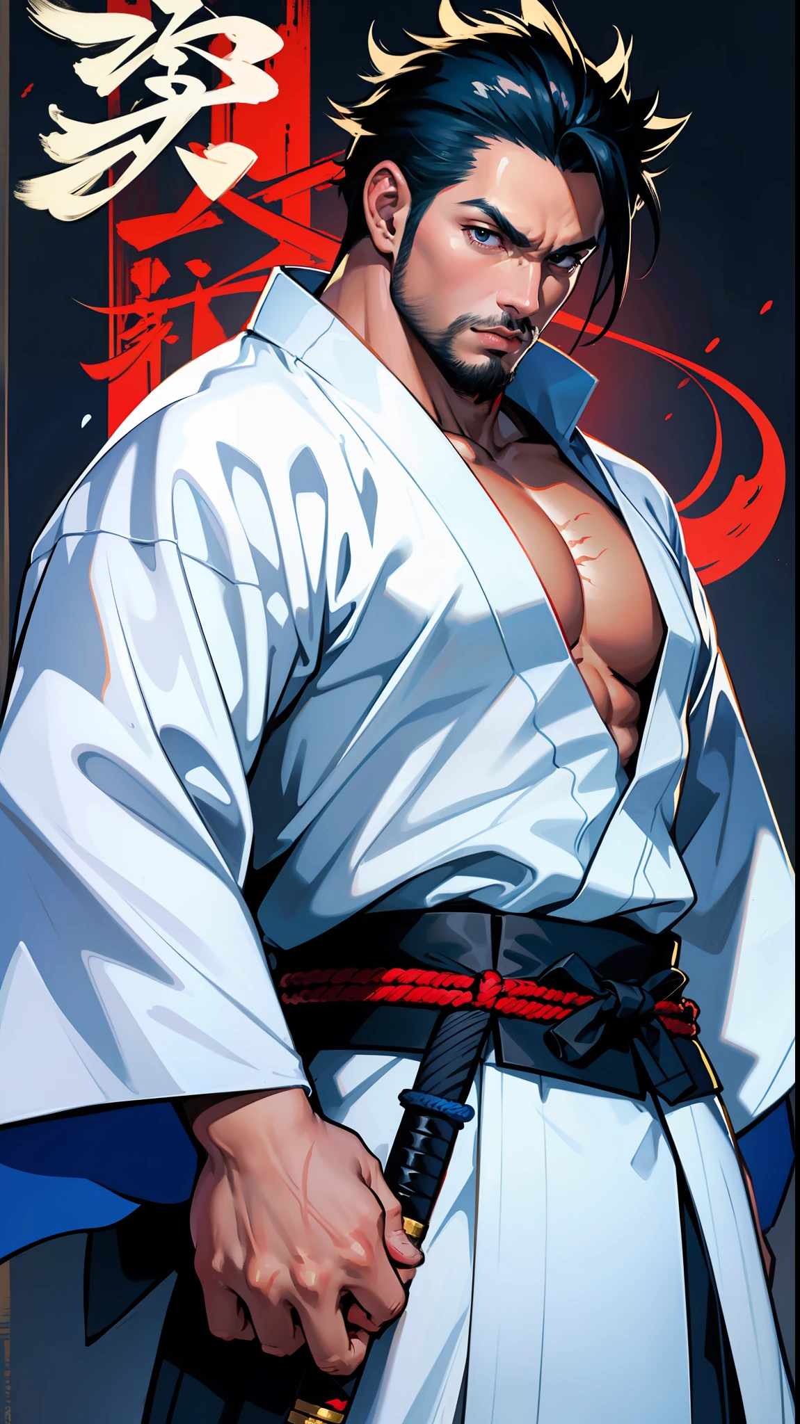 masterpiece, best quality,1boy,standing, black hair bun,cold face, upper body, (front),ink splash,martial arts, full body,